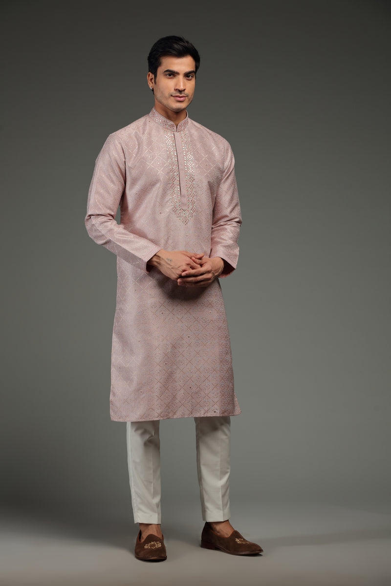 Pastel Pink Kurta Set with Resham and Mirror Embroidery