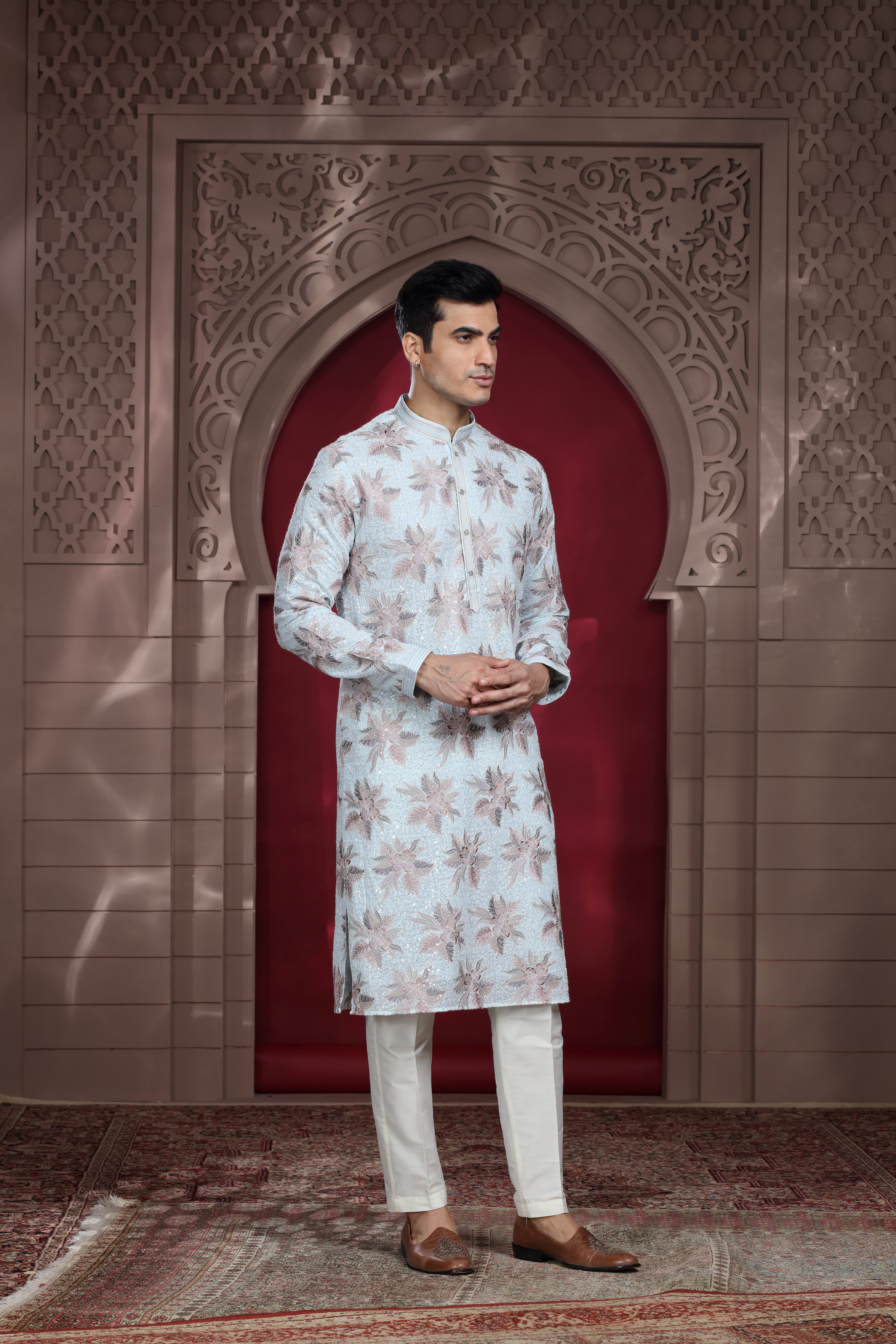 Ivory Silk Kurta Set with Thread Embroidery & Sequence Work