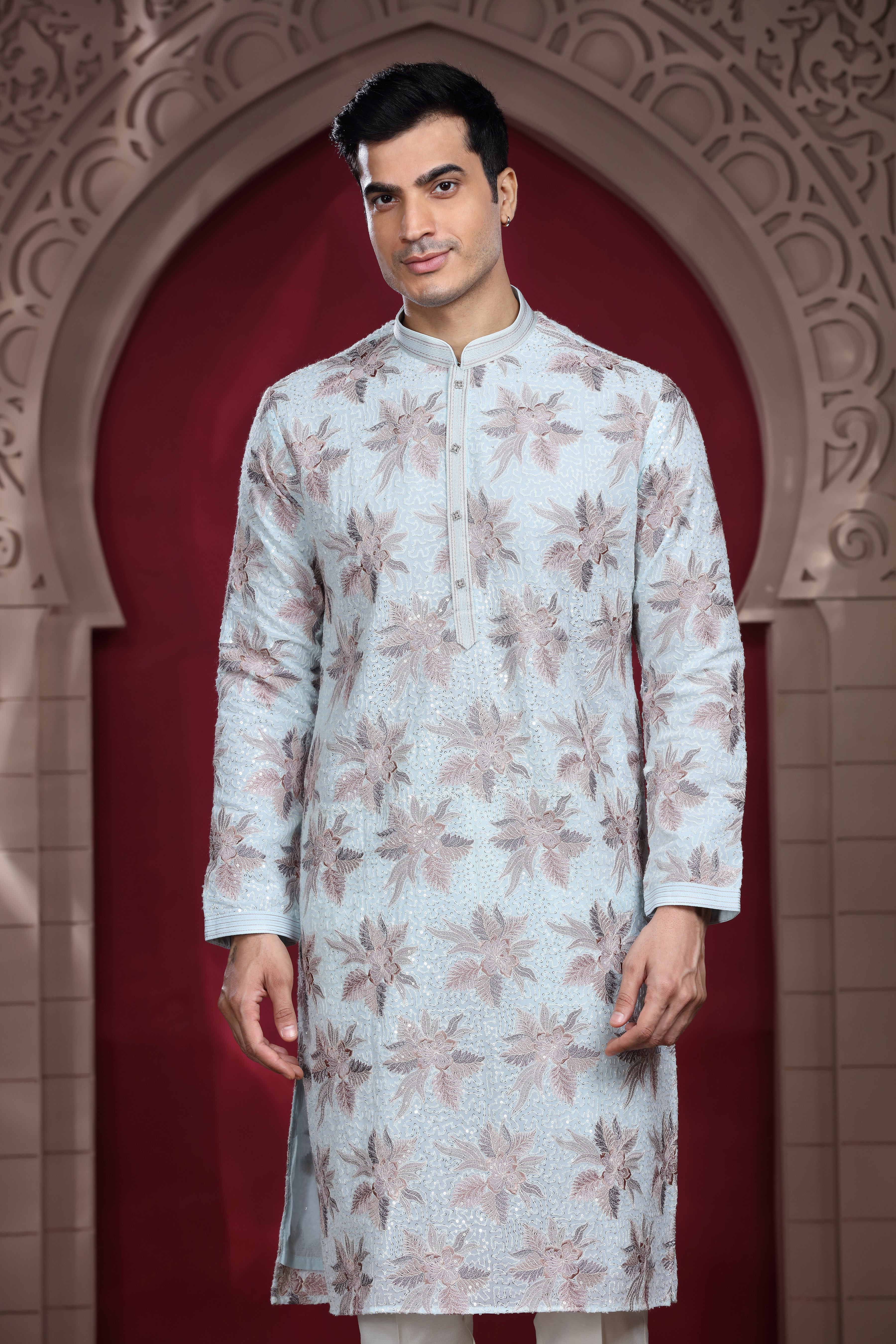 Ivory Silk Kurta Set with Thread Embroidery & Sequence Work