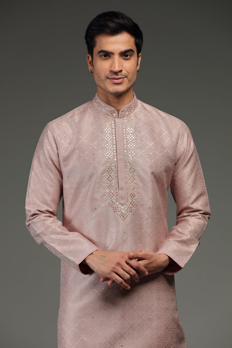 Pastel Pink Kurta Set with Resham and Mirror Embroidery
