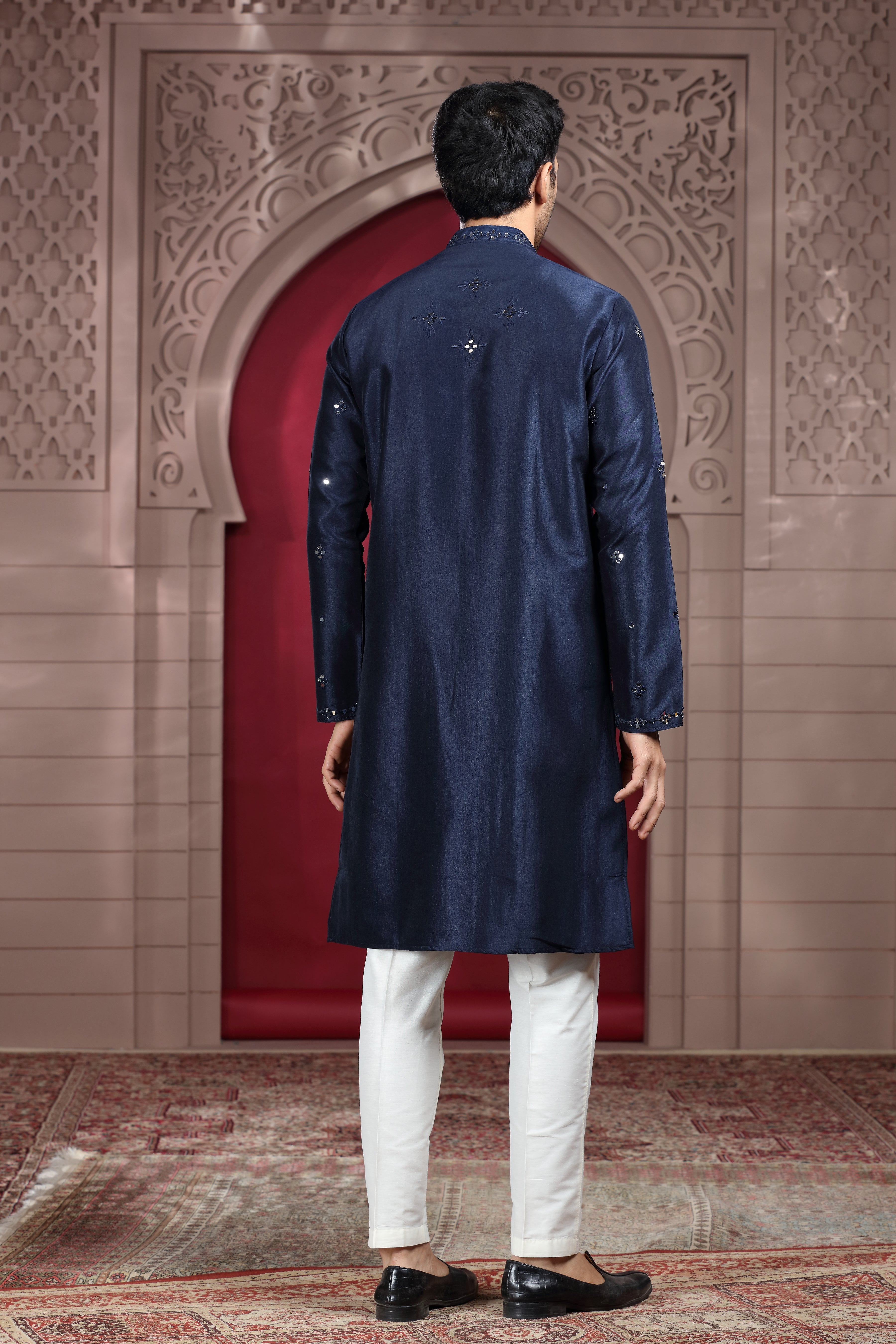 Navy Blue Silk Kurta with Mirror & Thread Work