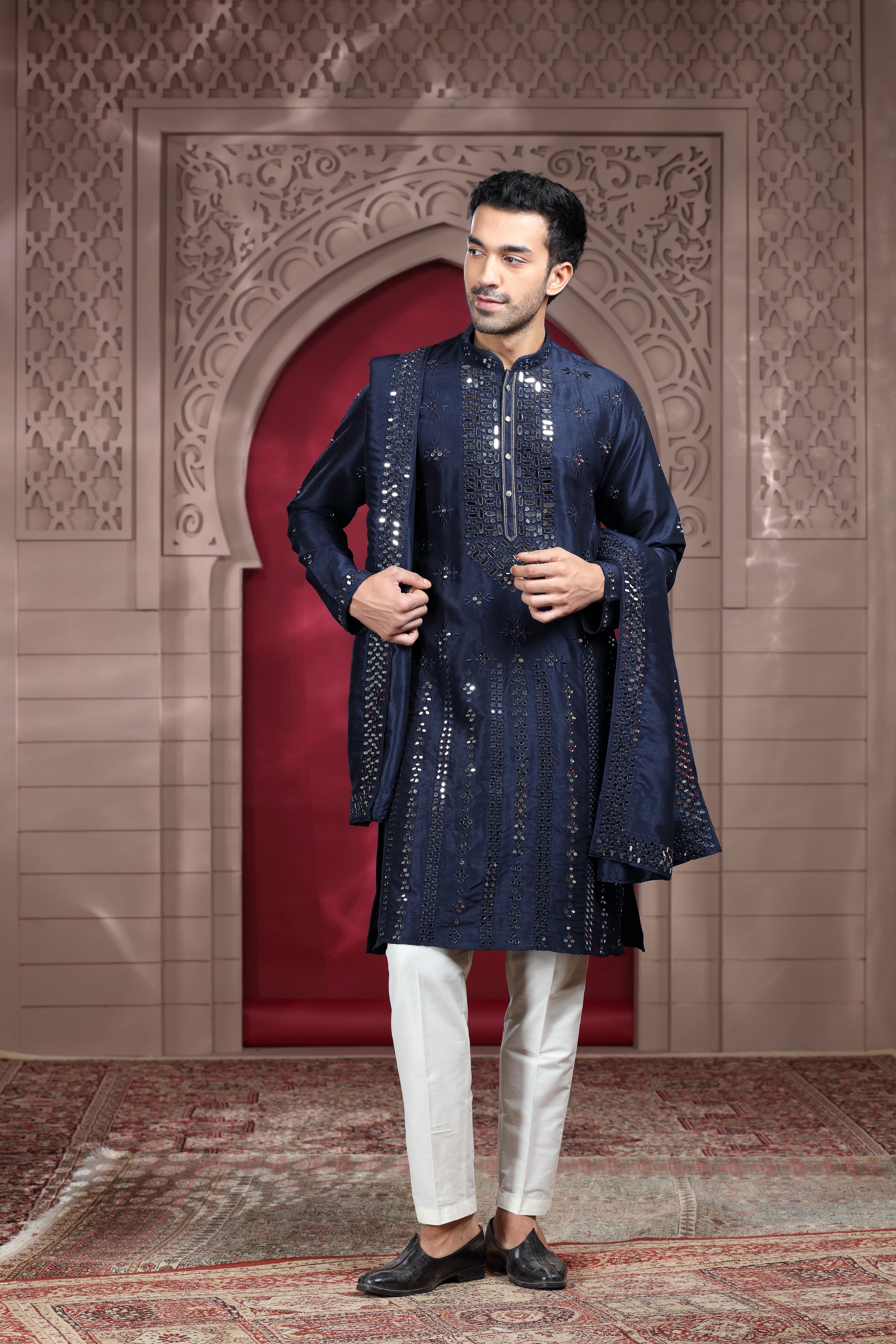 Navy Blue Silk Kurta with Mirror & Thread Work