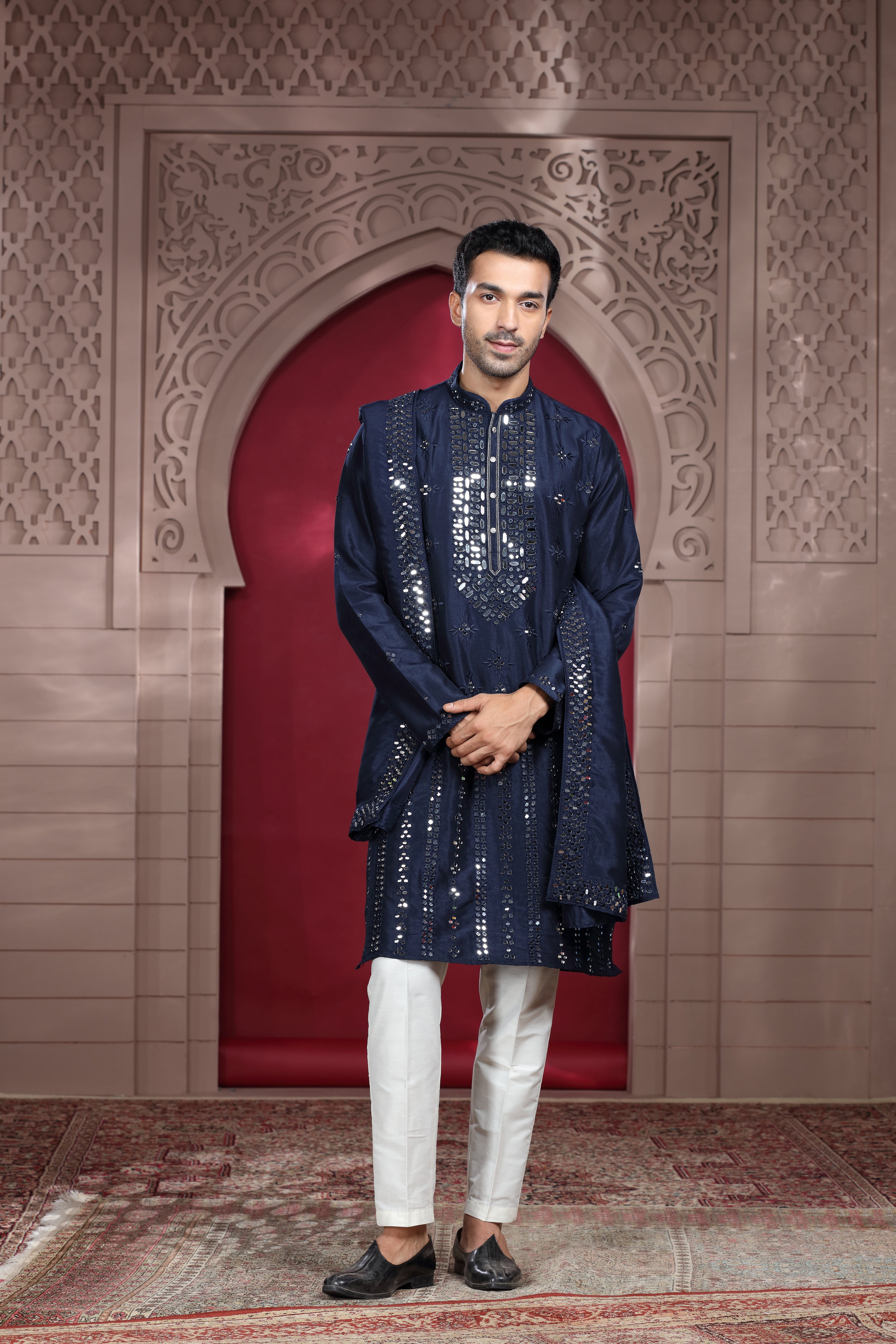 Navy Blue Silk Kurta with Mirror & Thread Work