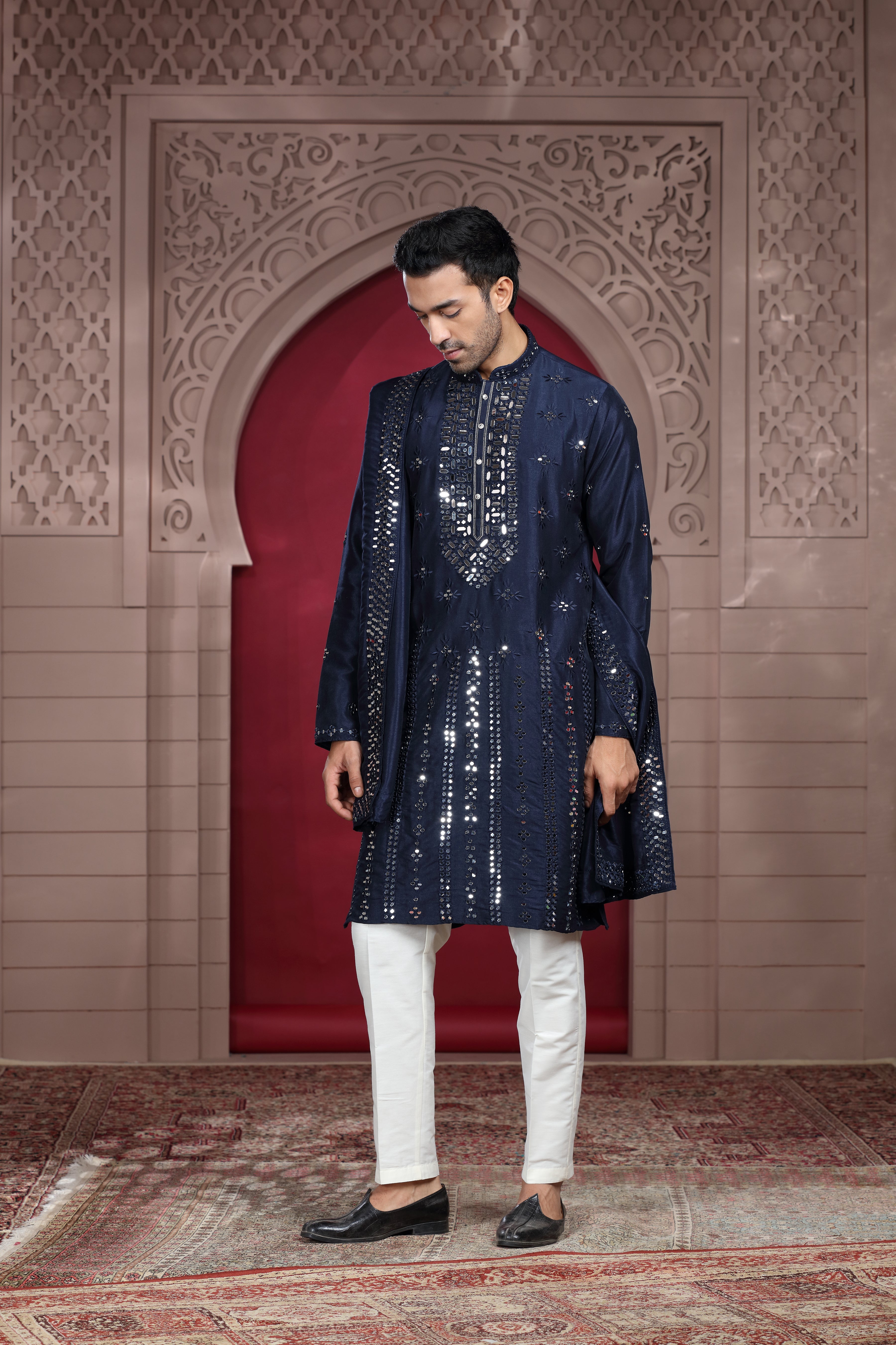 Navy Blue Silk Kurta with Mirror & Thread Work