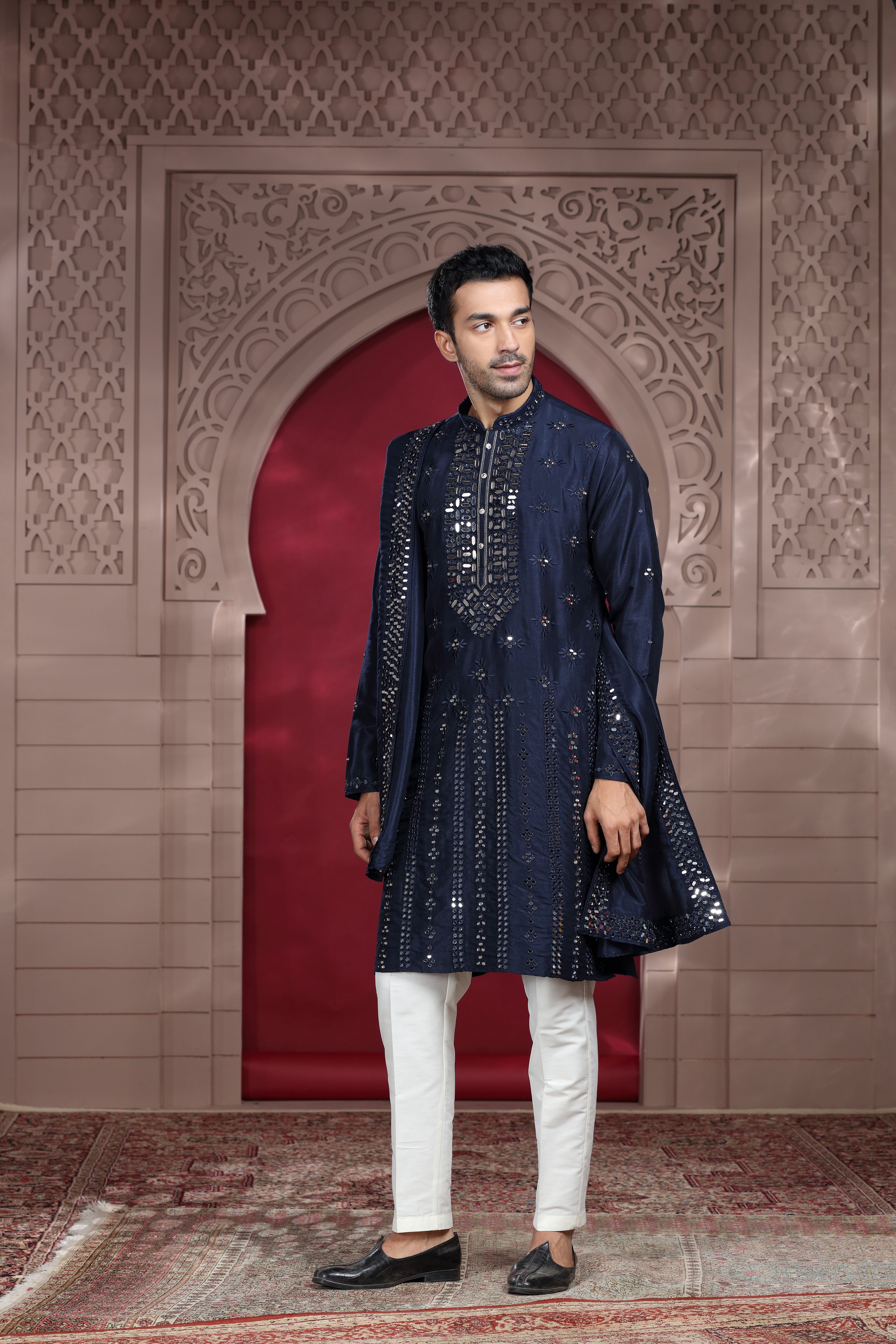 Navy Blue Silk Kurta with Mirror & Thread Work