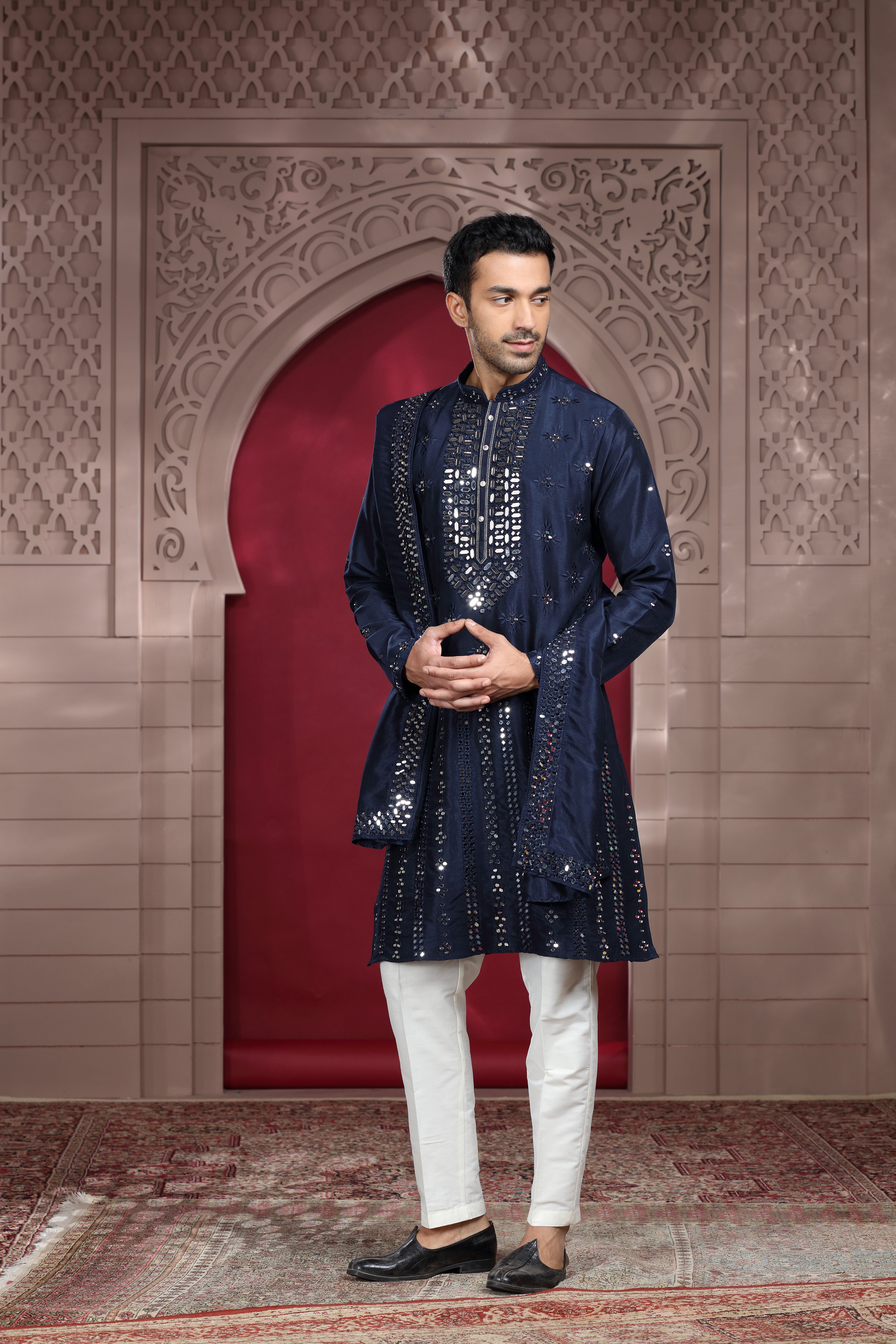 Navy Blue Silk Kurta with Mirror & Thread Work