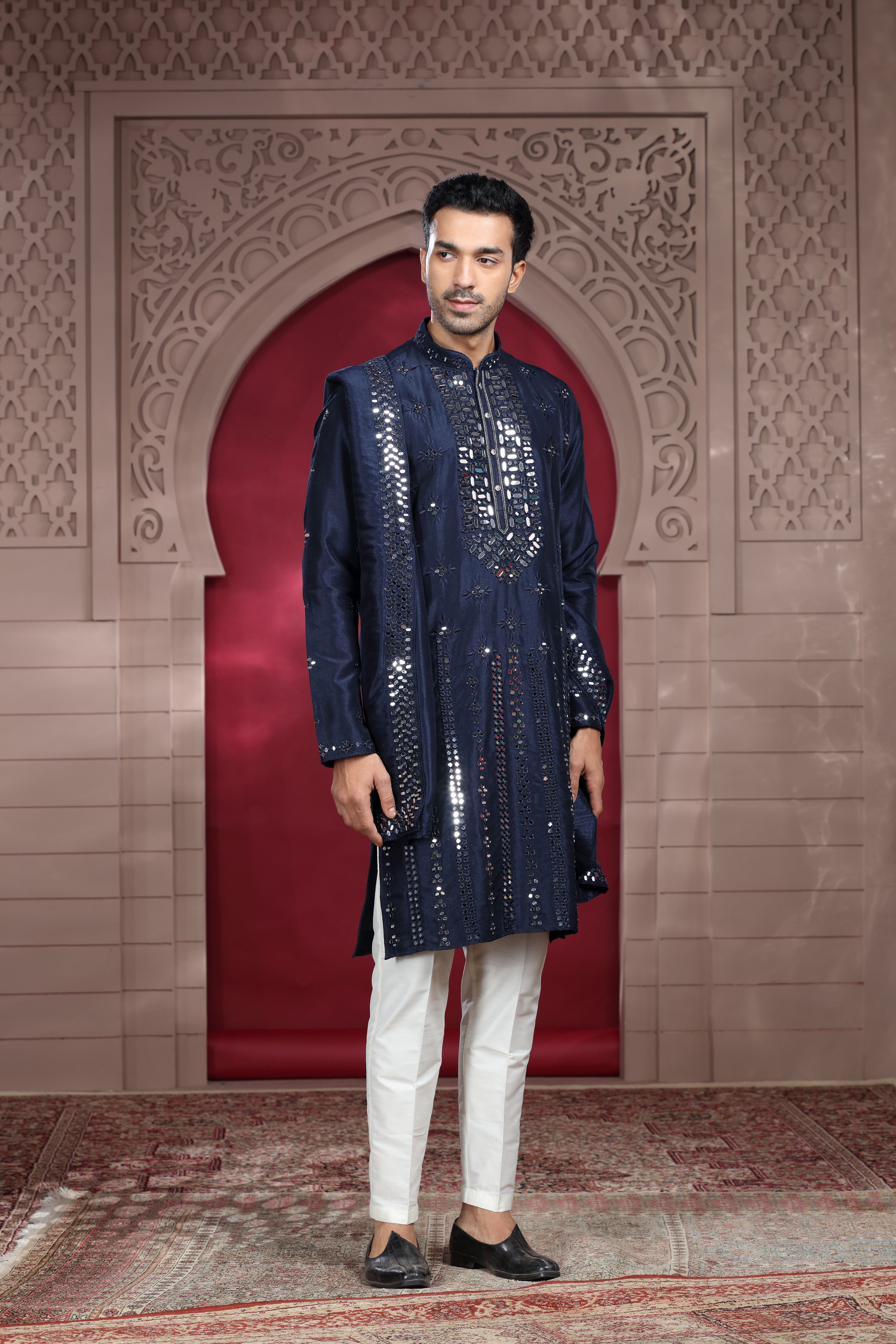 Navy Blue Silk Kurta with Mirror & Thread Work