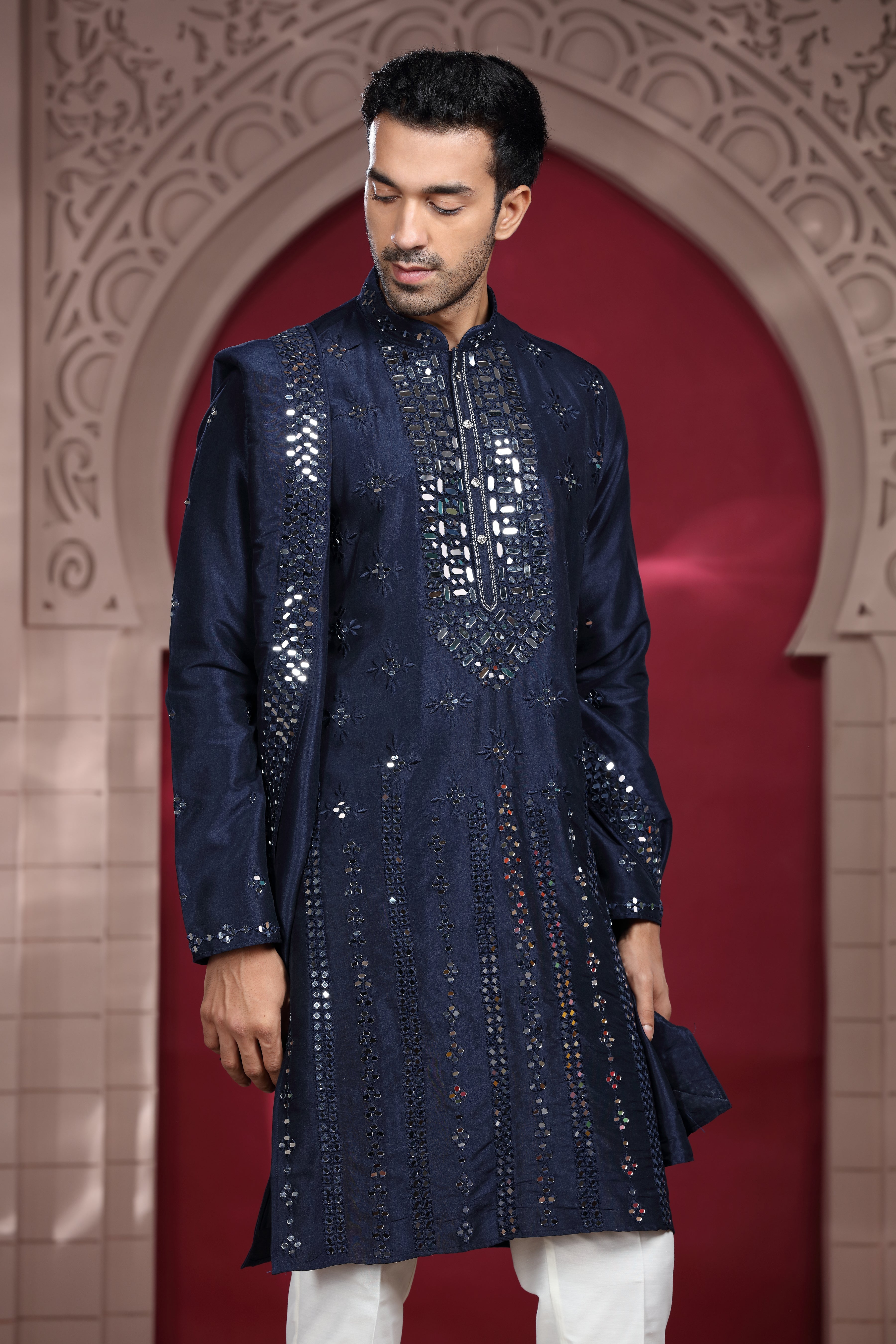 Navy Blue Silk Kurta with Mirror & Thread Work