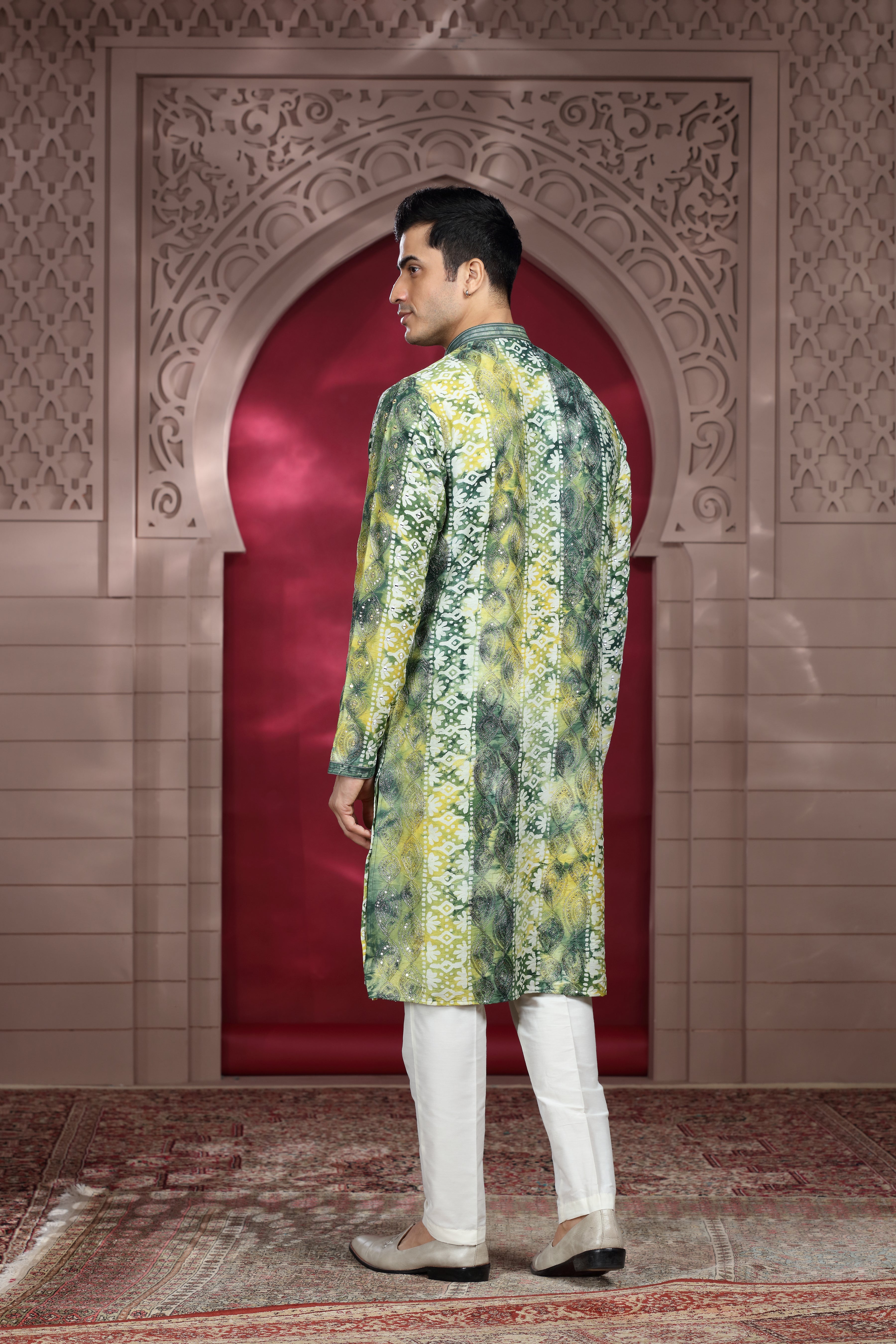 Green Silk Kurta with Aari Work, Resham Thread Mirror Work