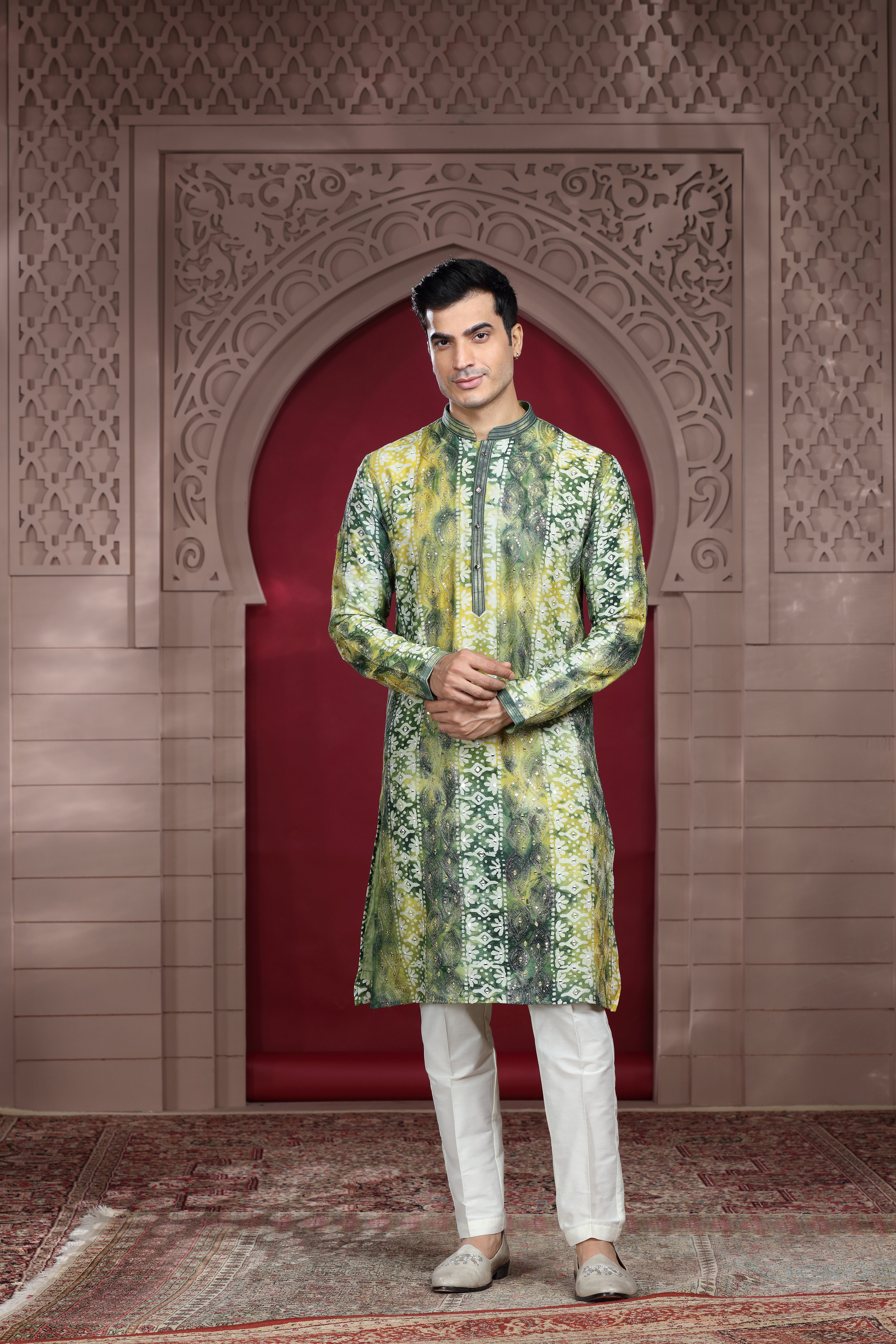 Green Silk Kurta with Aari Work, Resham Thread Mirror Work