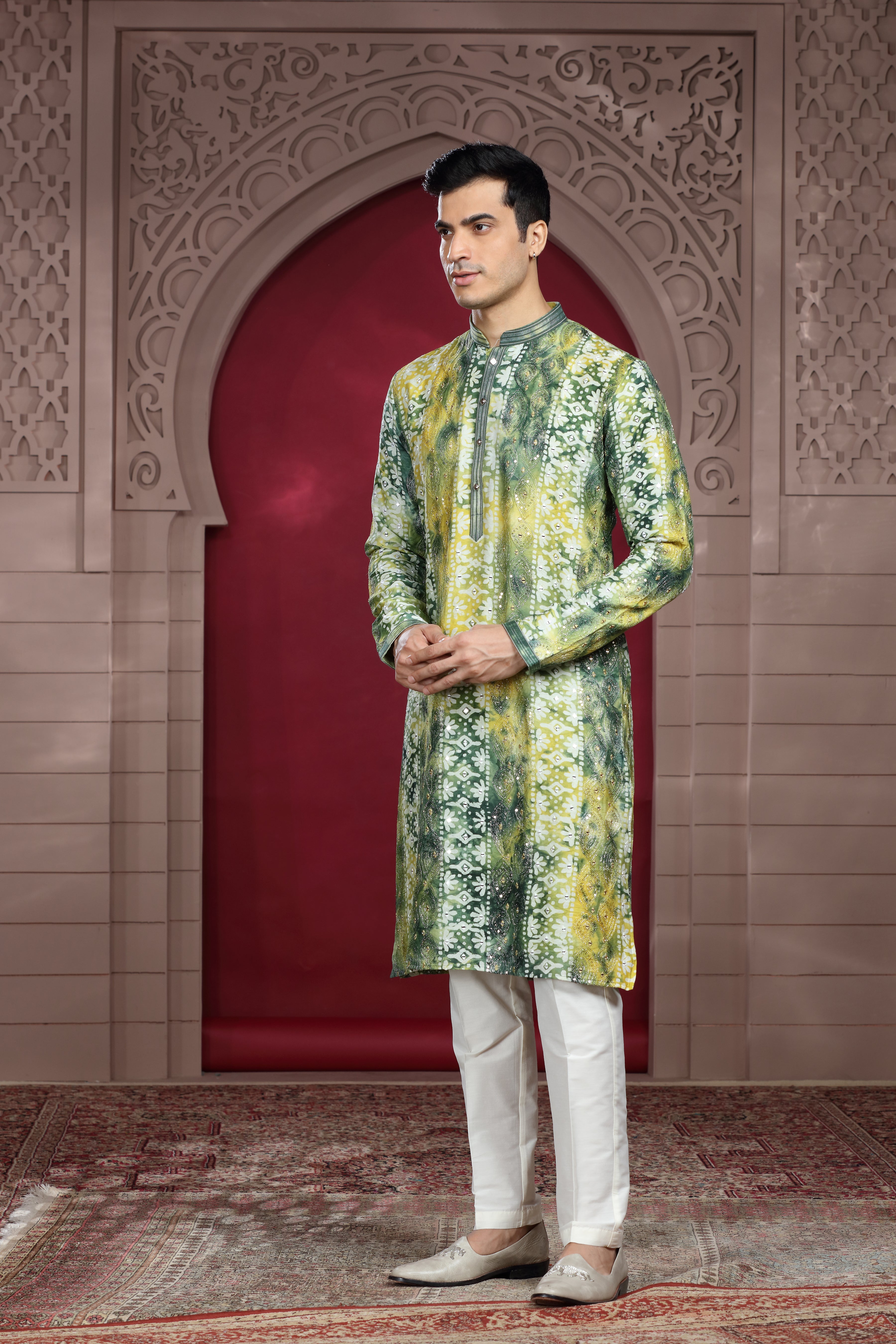 Green Silk Kurta with Aari Work, Resham Thread Mirror Work