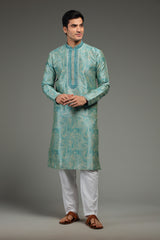Blue Silk Kurta Set With Ikkat Design & Mirror Work