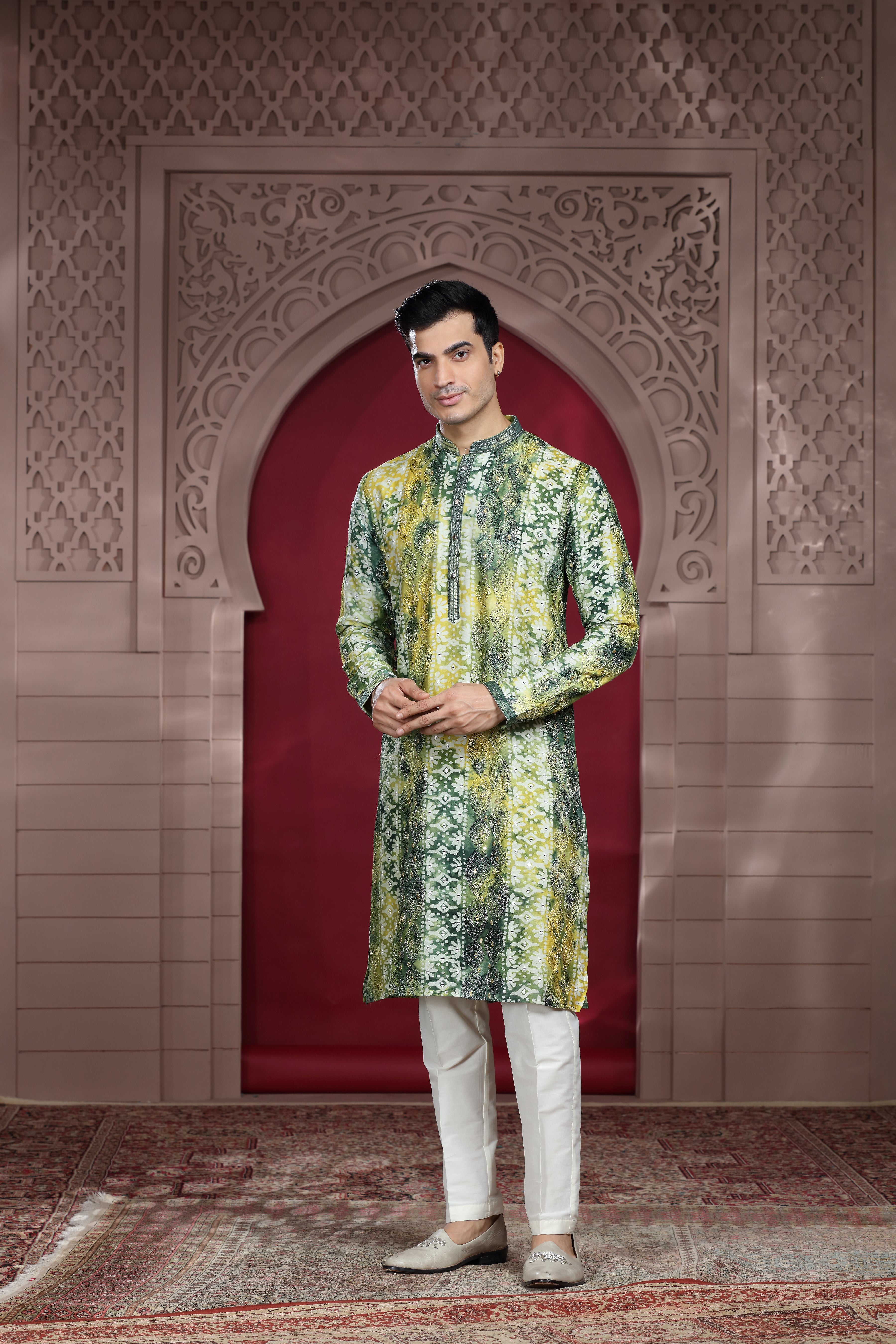 Green Silk Kurta with Aari Work, Resham Thread Mirror Work