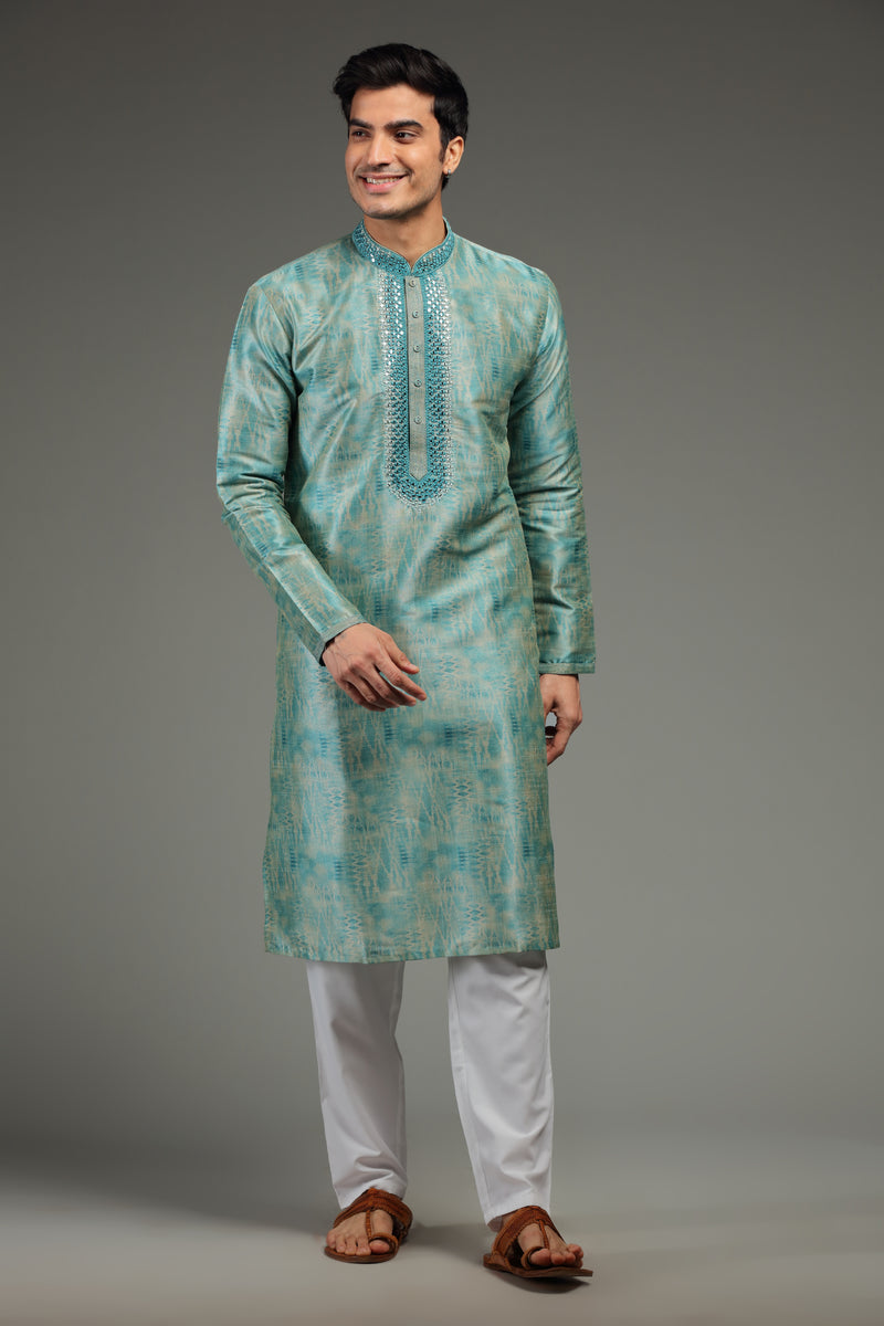 Blue Silk Kurta Set With Ikkat Design & Mirror Work