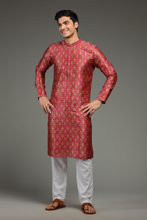 Red Silk Kurta Set With All-Over Traditional Motifs