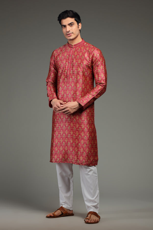 Red Silk Kurta Set With All-Over Traditional Motifs