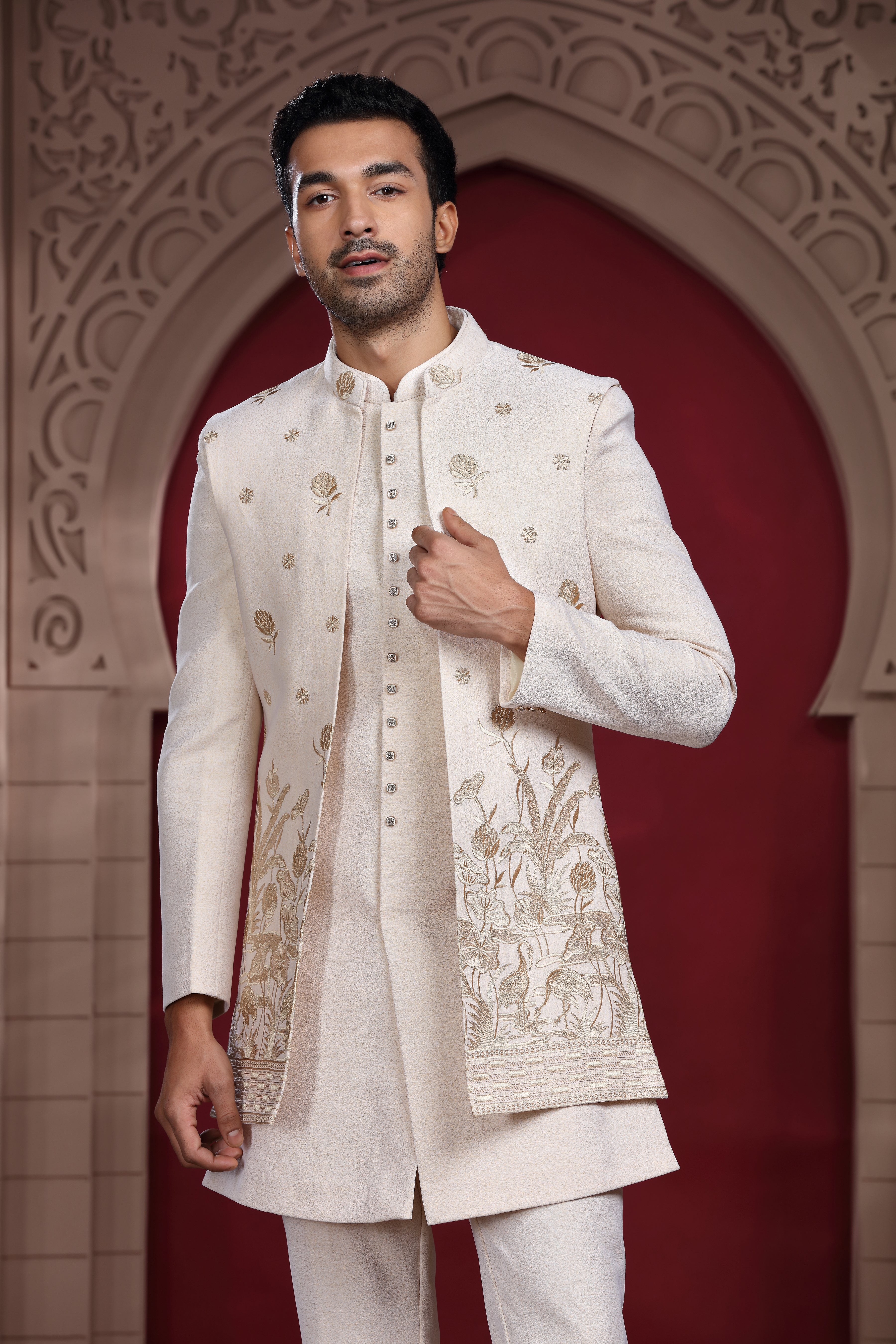 Ivory Silk Indo Western with Resham Thread Embroidery Work