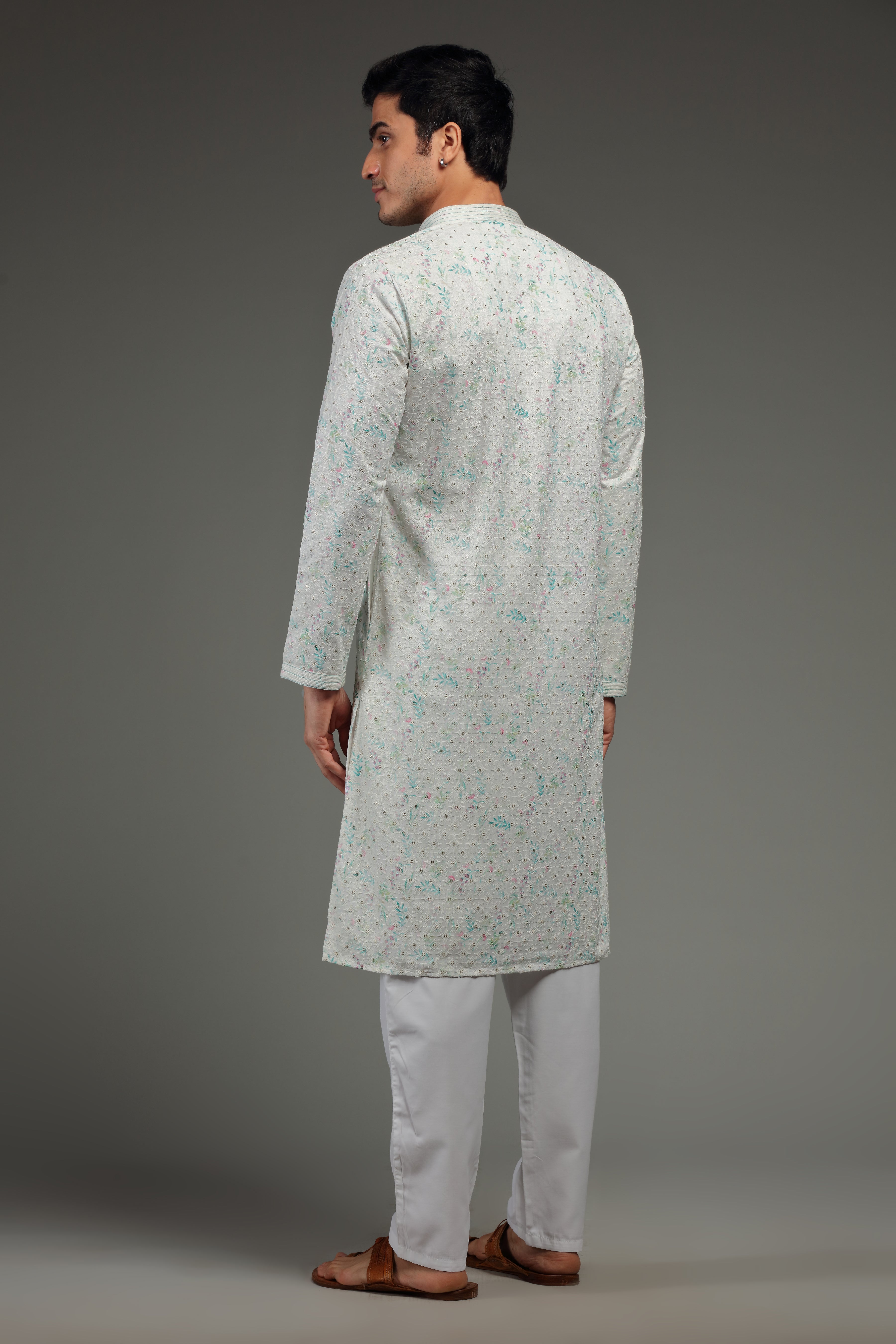 White Silk Kurta Set With Resham Threads & Sequins - Shreeman