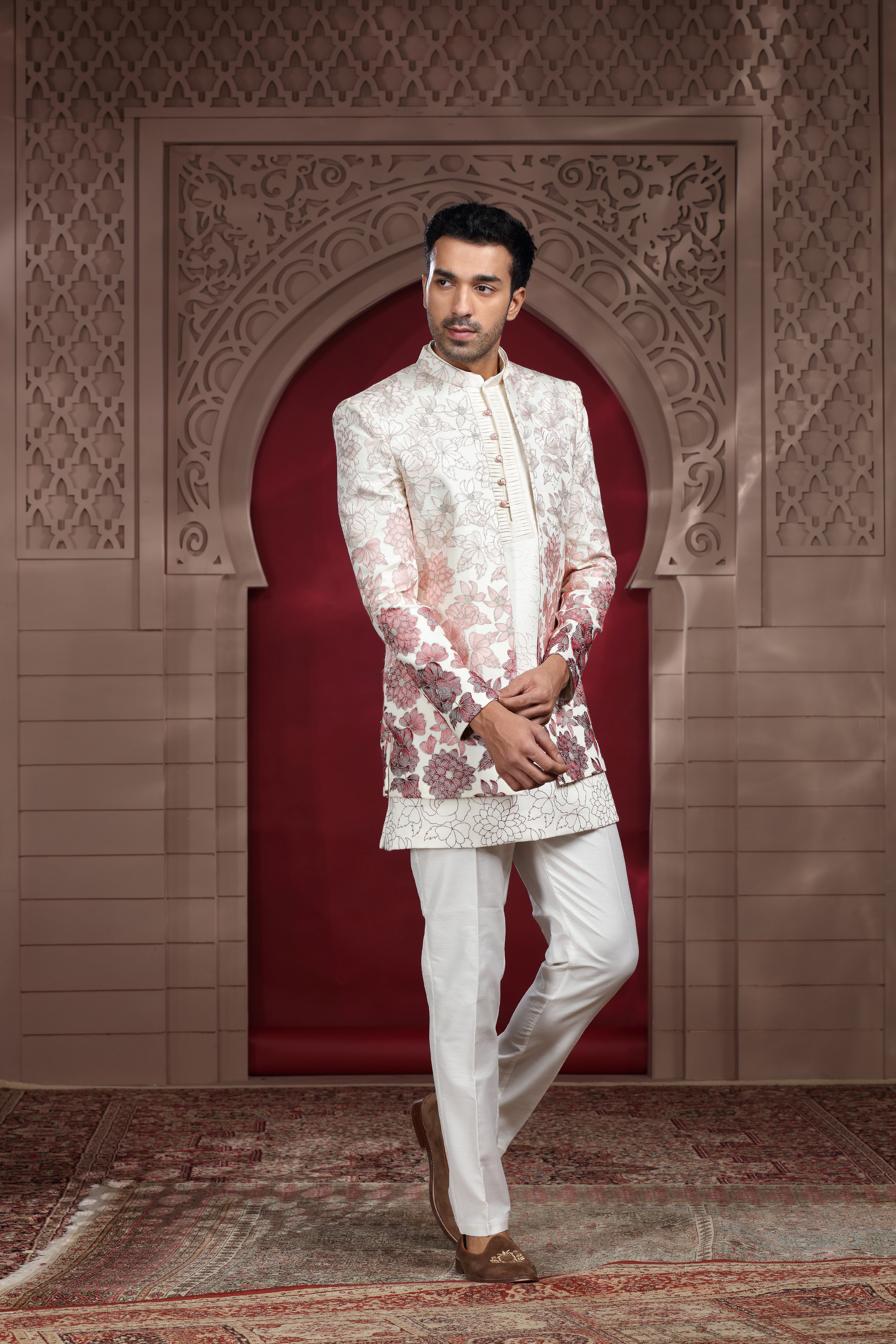 Off White Silk Indo Western with Aari & Resham Work