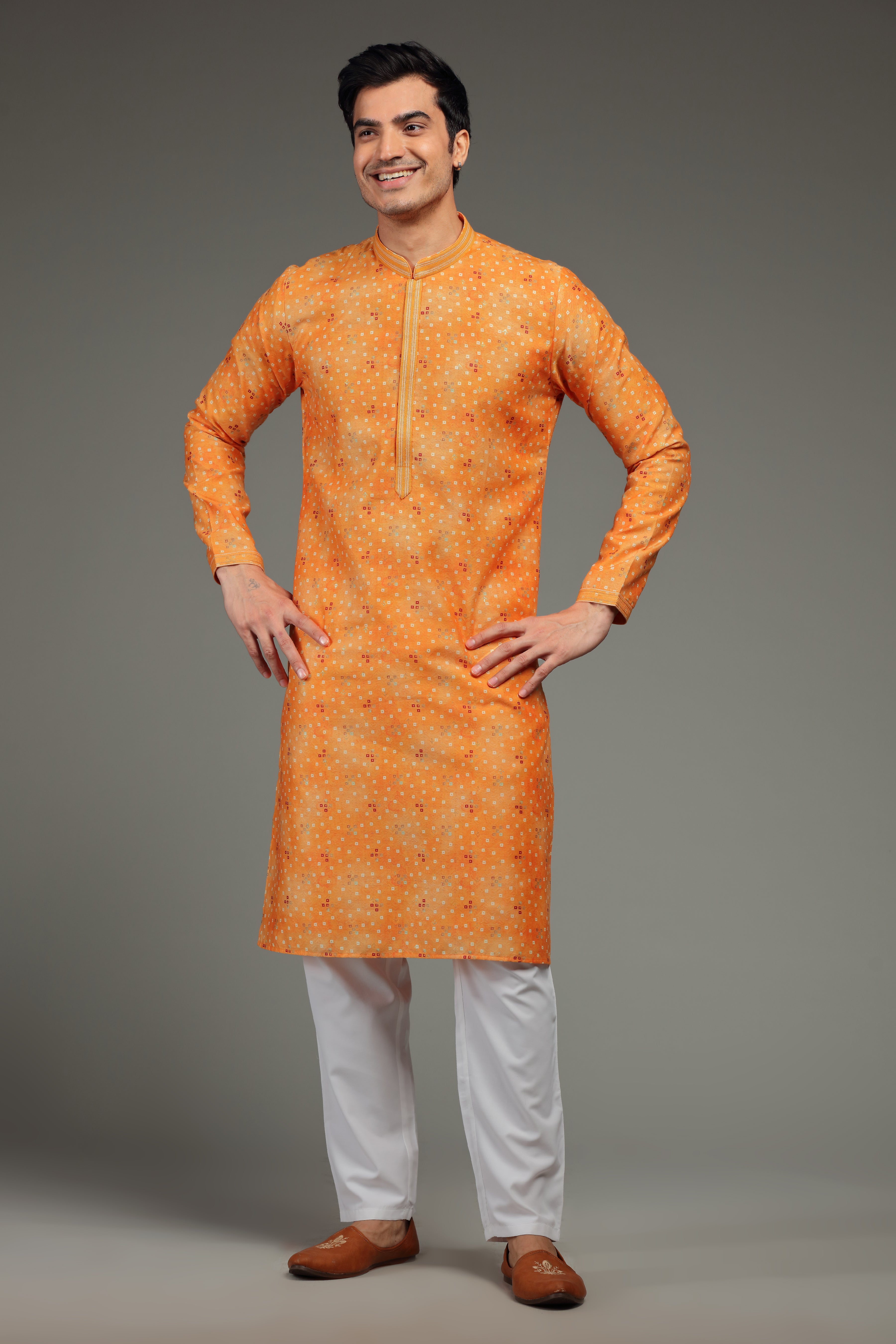 Yellow Silk Kurta Set With Bandhani Print - Shreeman