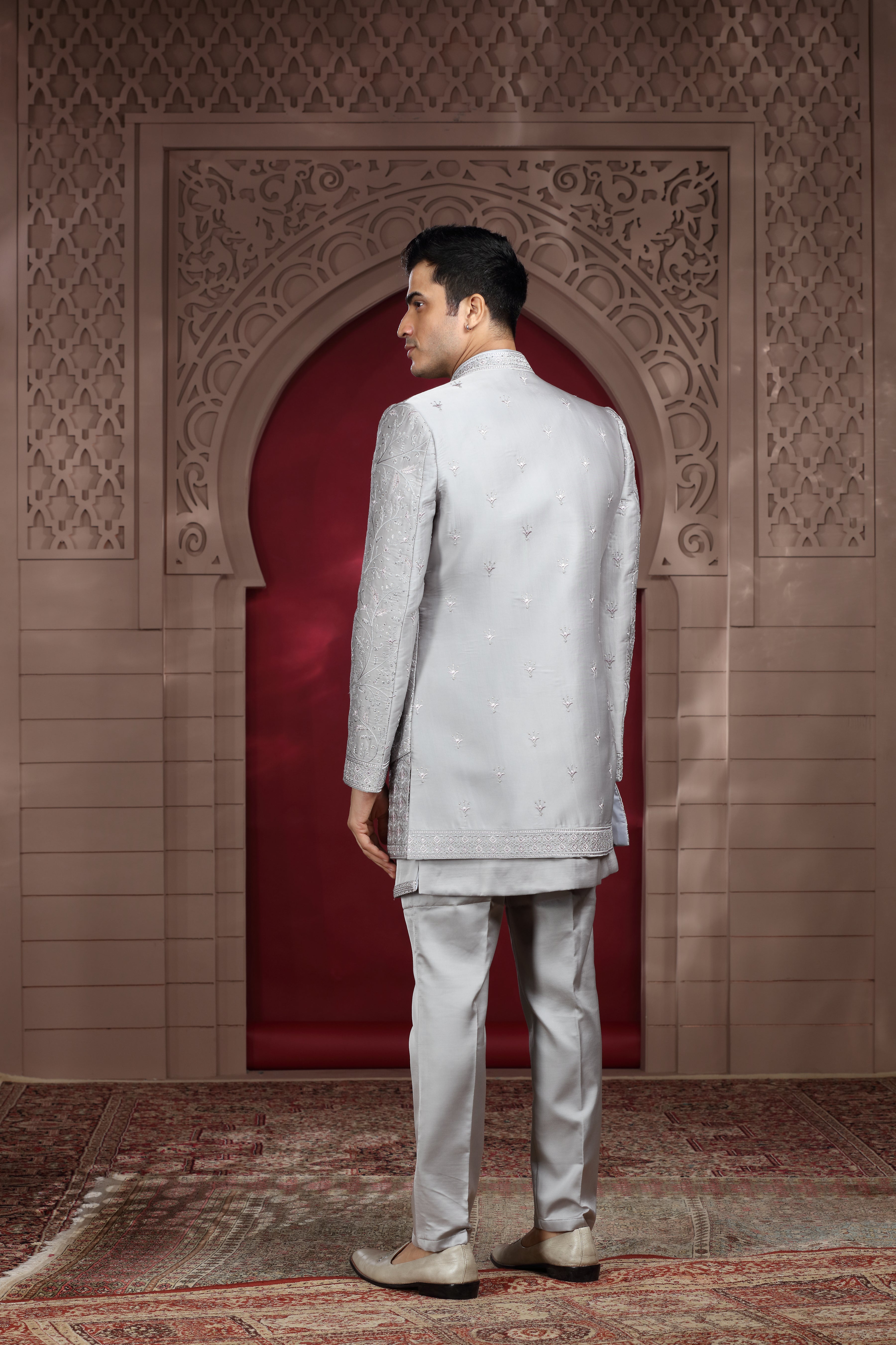 Grey Silk Indo Western with Silver Thread & Sequence Work