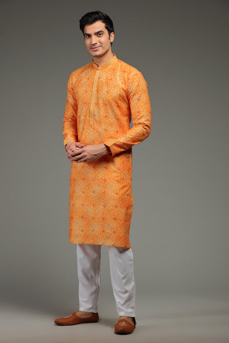 Yellow Silk Kurta Set With Bandhani Print