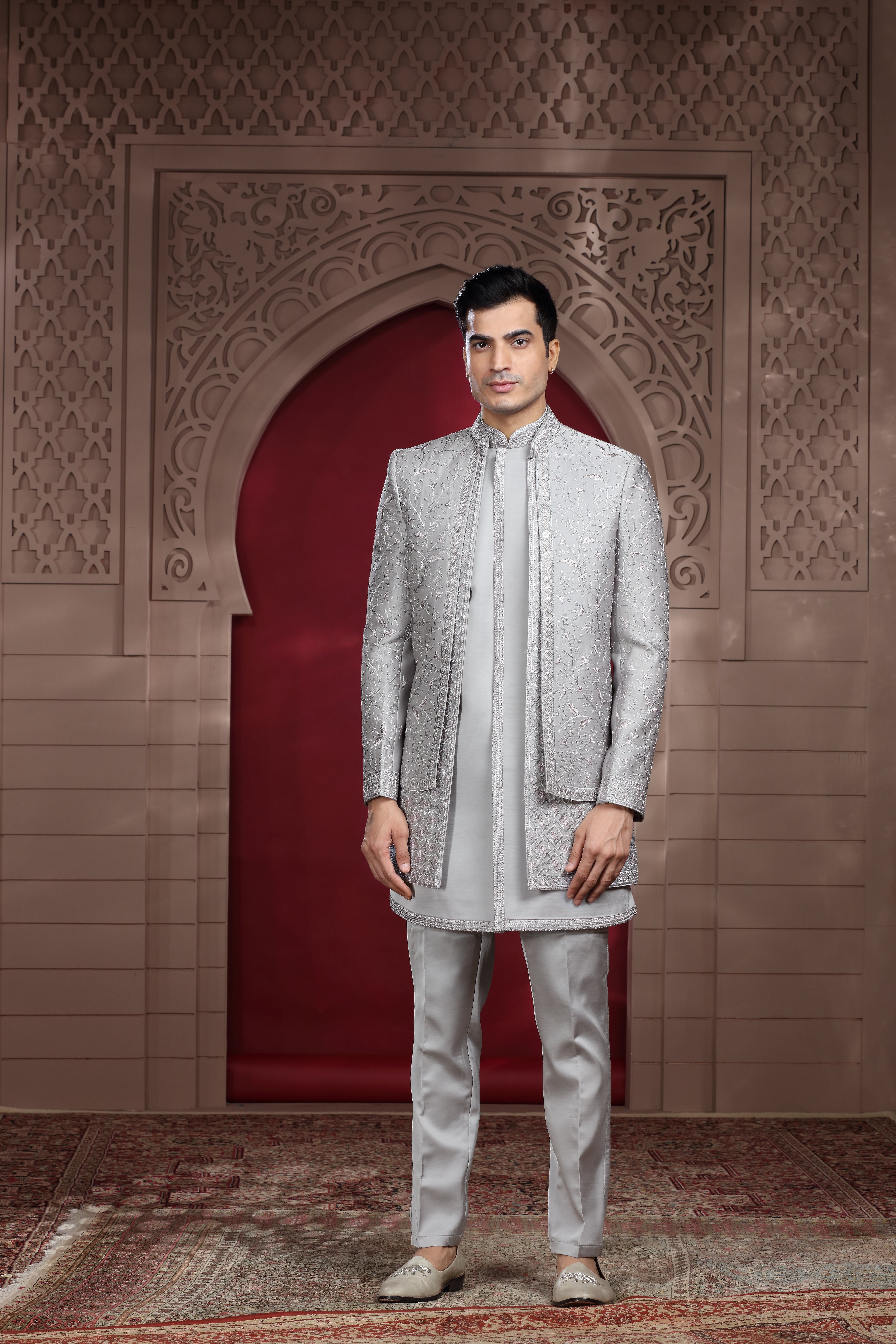 Grey Silk Indo Western with Silver Thread & Sequence Work