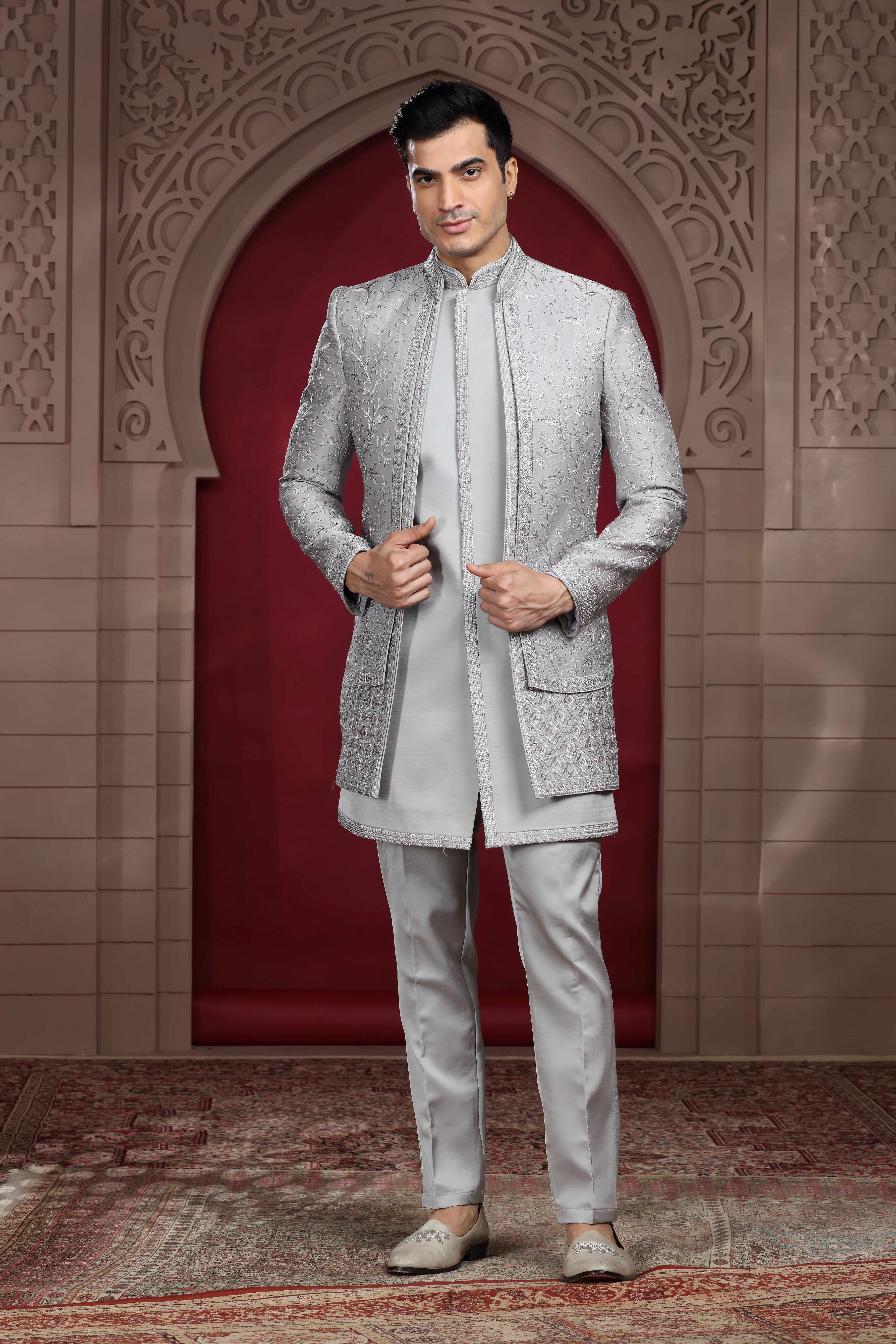 Grey Silk Indo Western with Silver Thread & Sequence Work