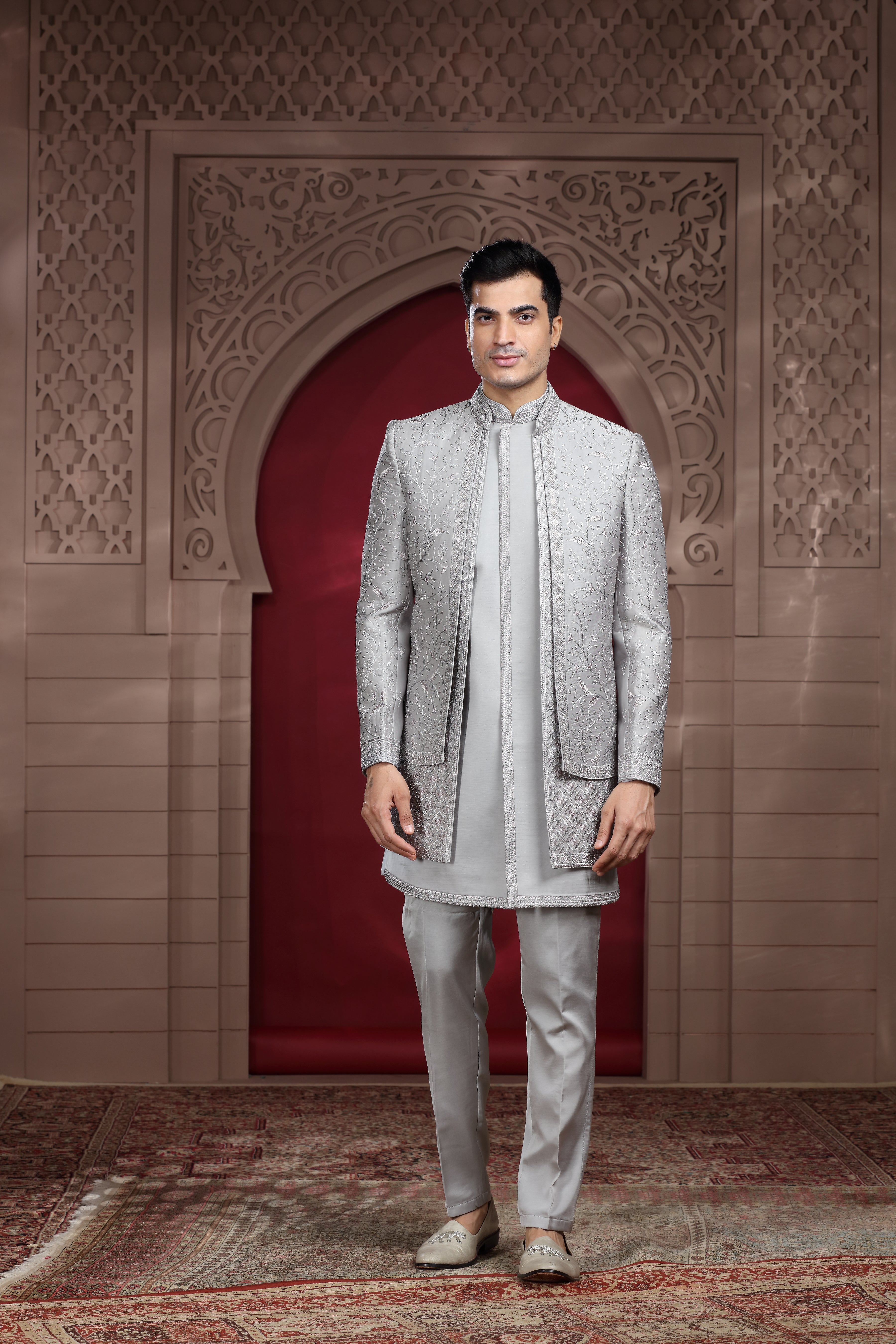 Grey Silk Indo Western with Silver Thread & Sequence Work