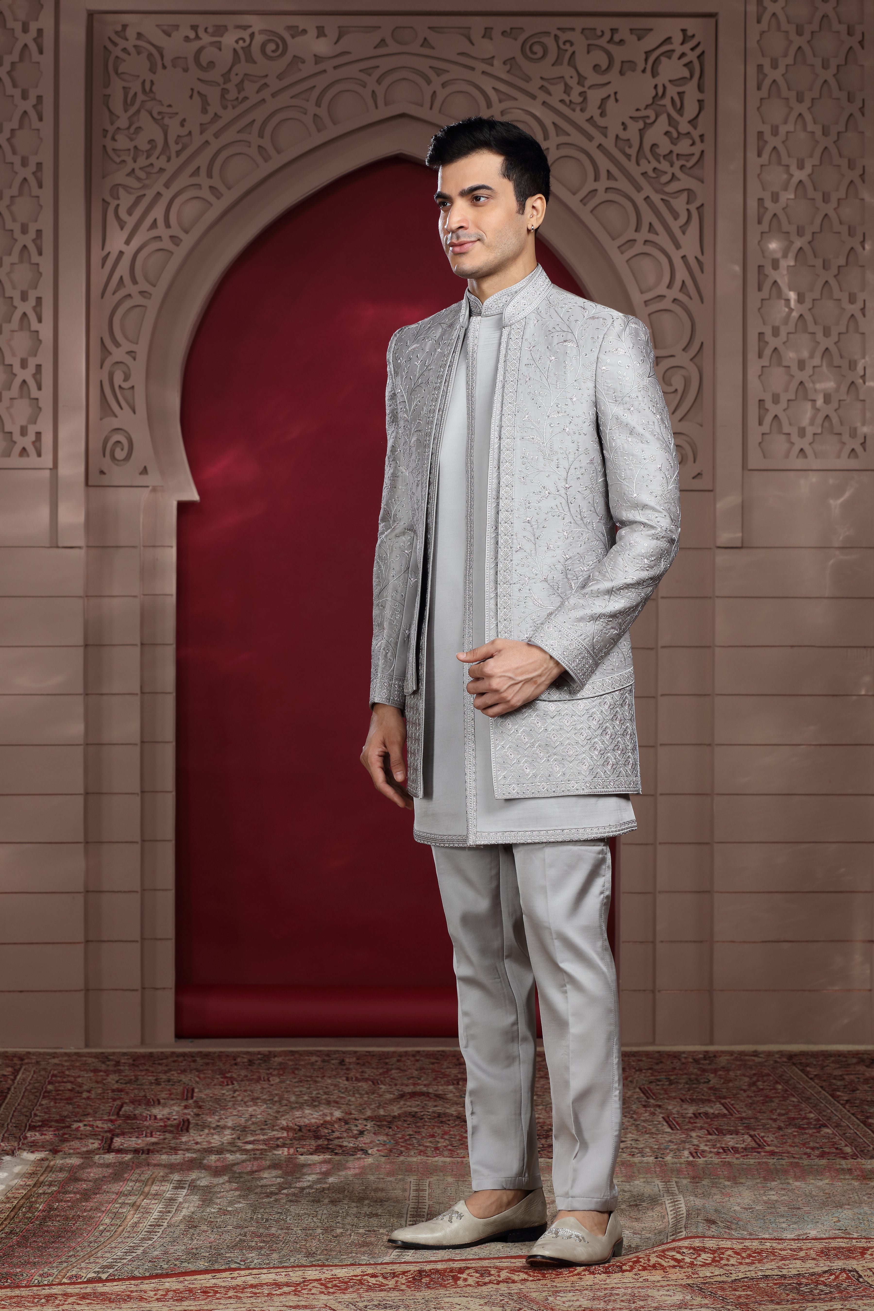 Grey Silk Indo Western with Silver Thread & Sequence Work