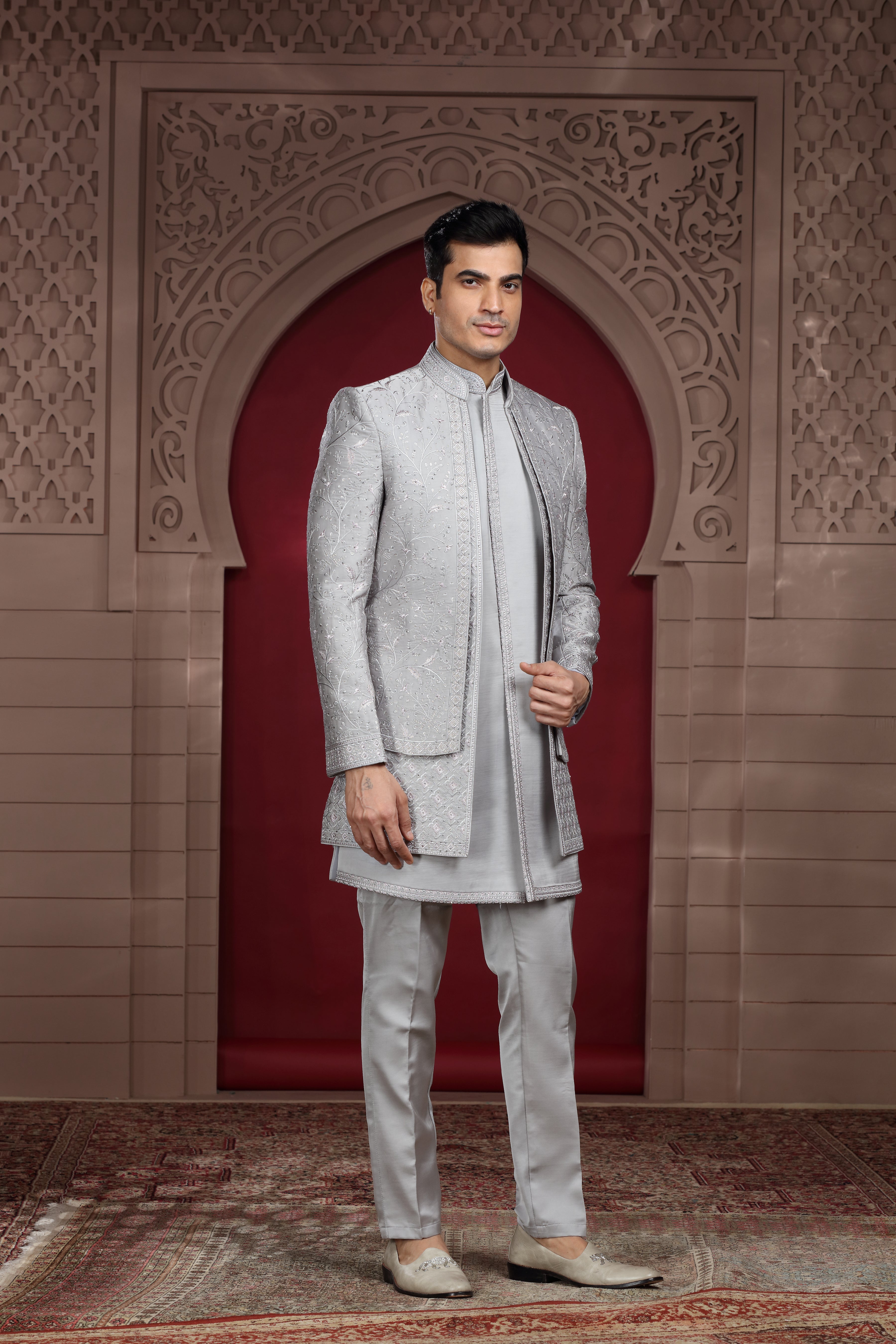 Grey Silk Indo Western with Silver Thread & Sequence Work