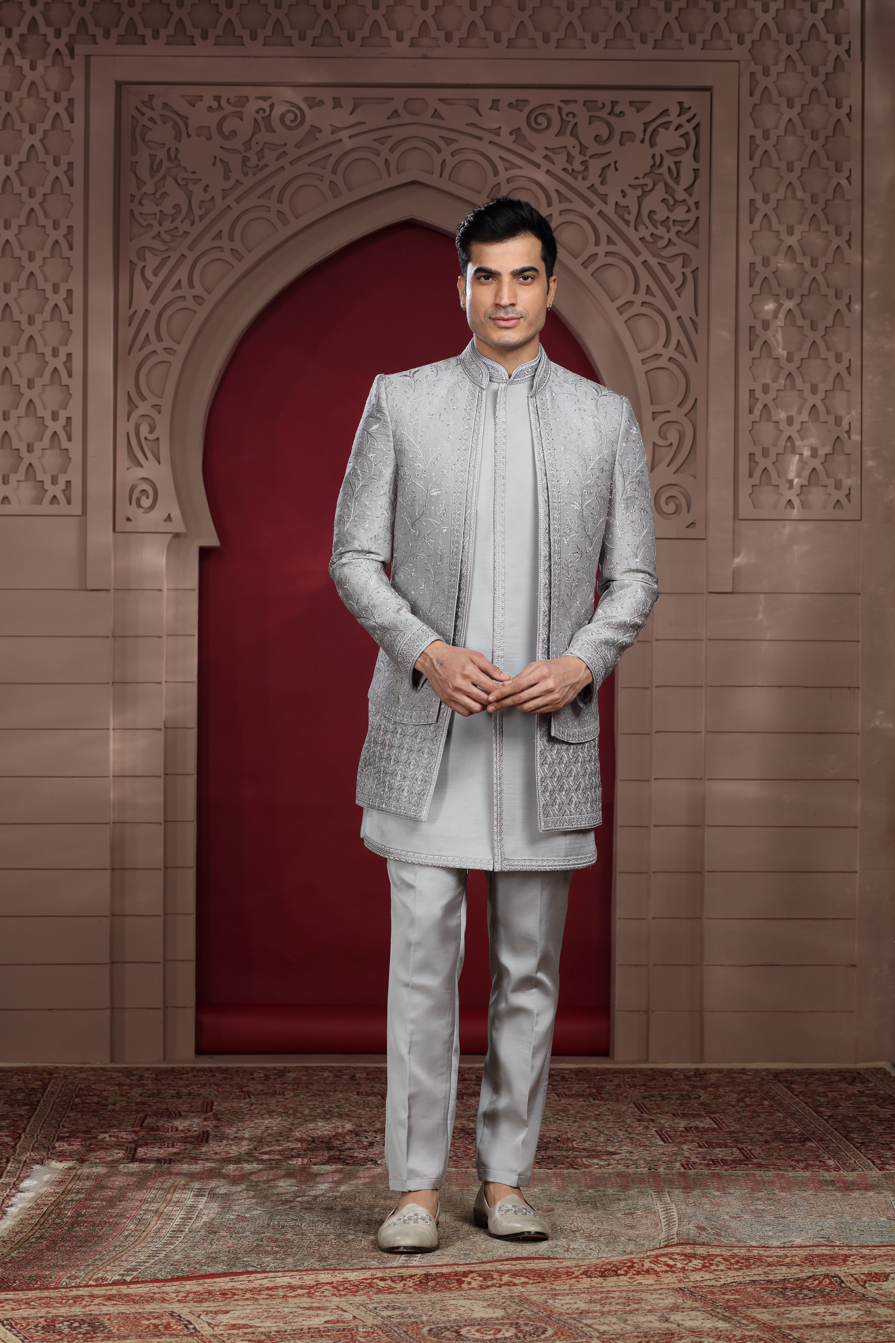 Grey Silk Indo Western with Silver Thread & Sequence Work