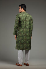 Dark Green Silk Kurta Set With Bandhani Print
