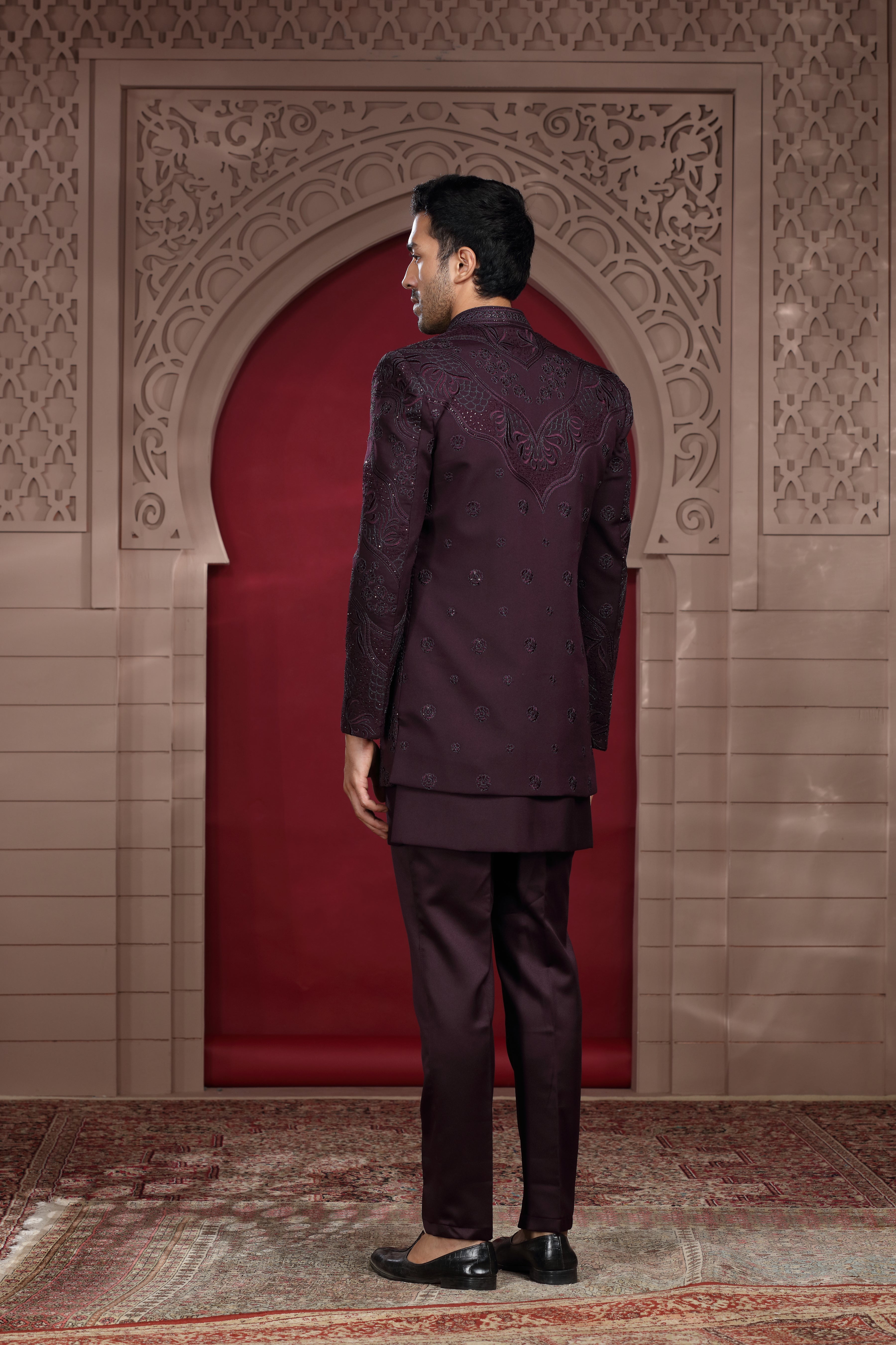 Wine Silk Indo Western with Aari & Bead Work