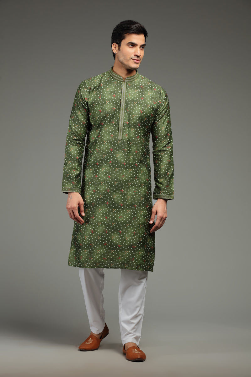 Dark Green Silk Kurta Set With Bandhani Print
