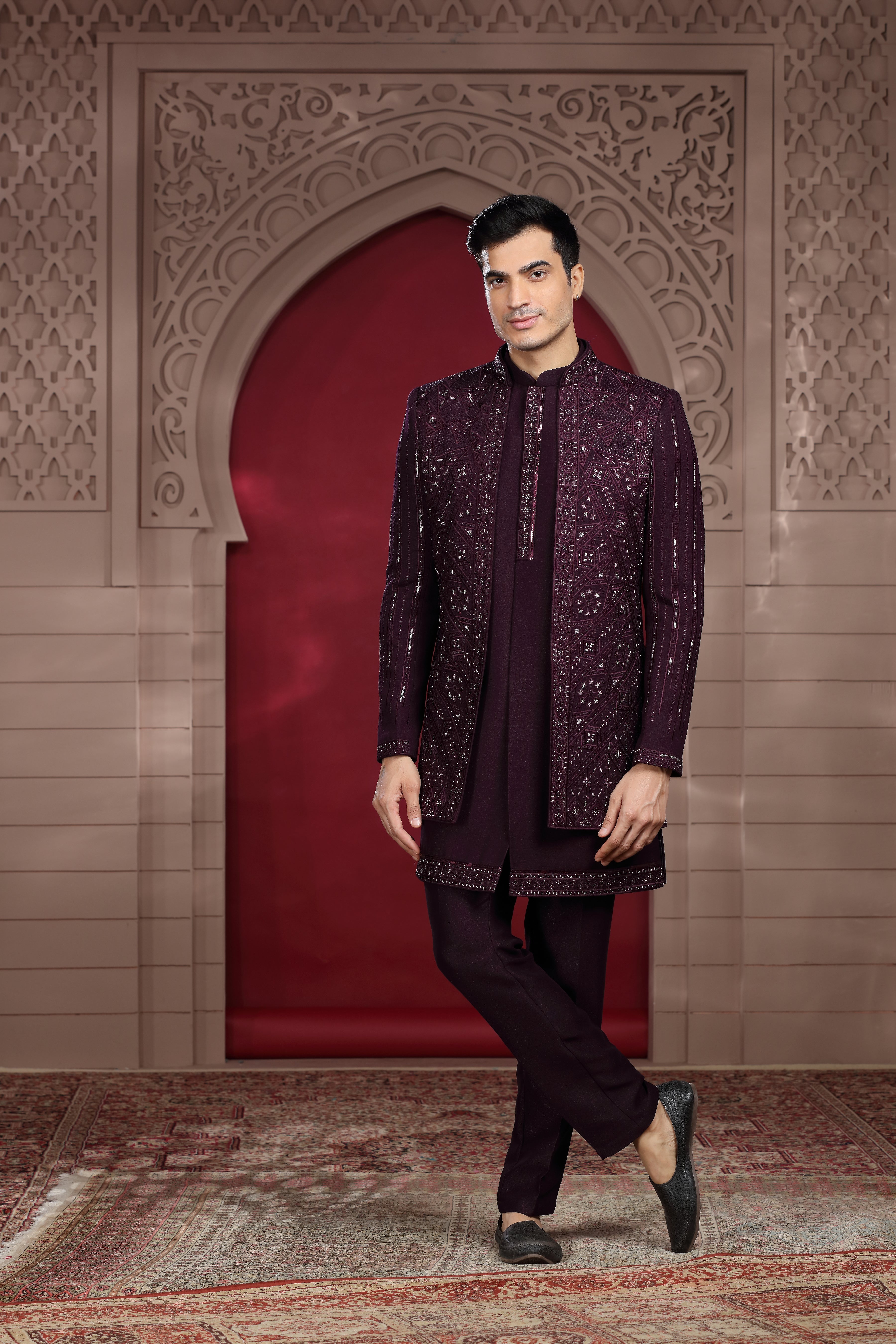 Wine Silk Indo Western with Aari, Bead & Cut Dana Work