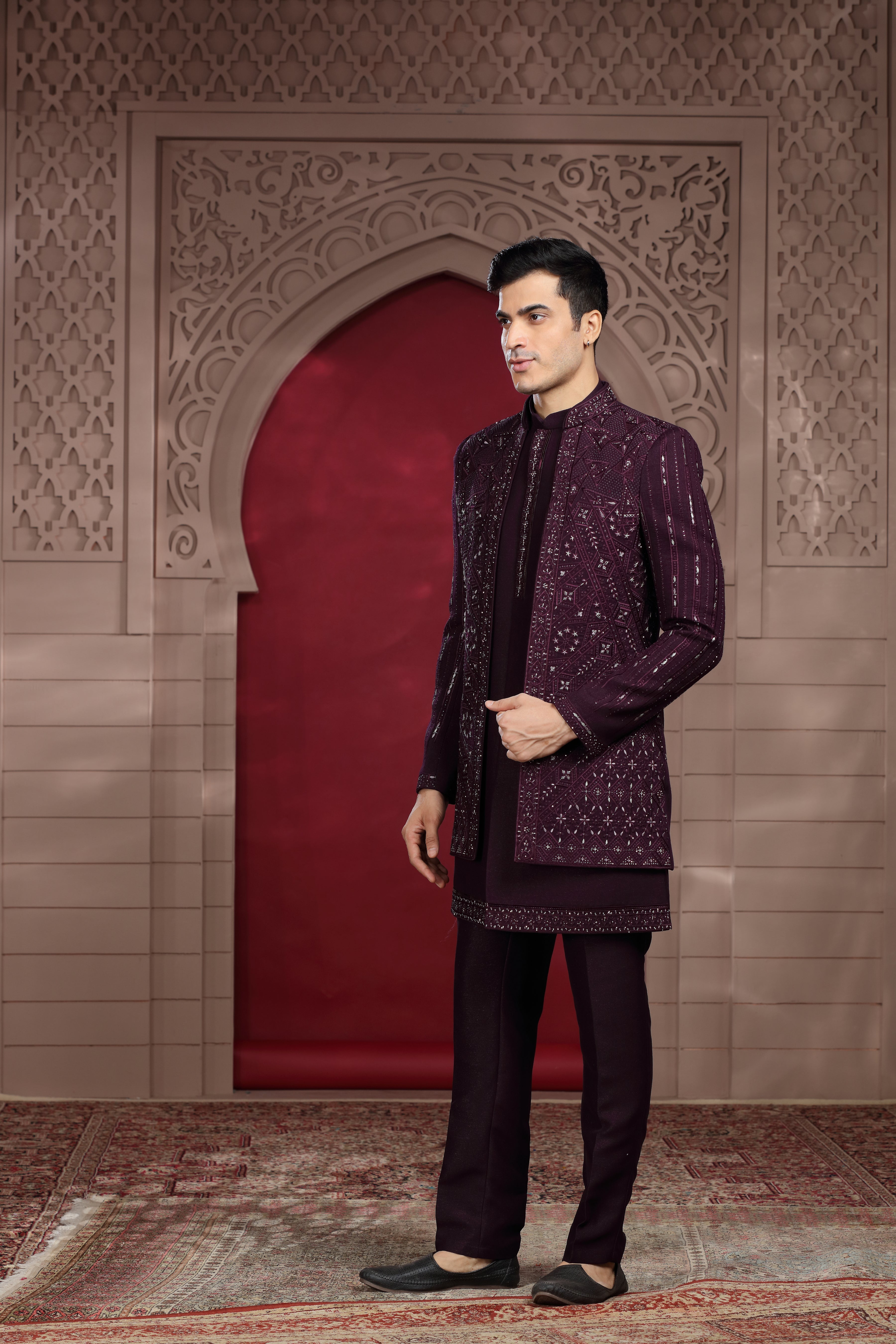 Wine Silk Indo Western with Aari, Bead & Cut Dana Work