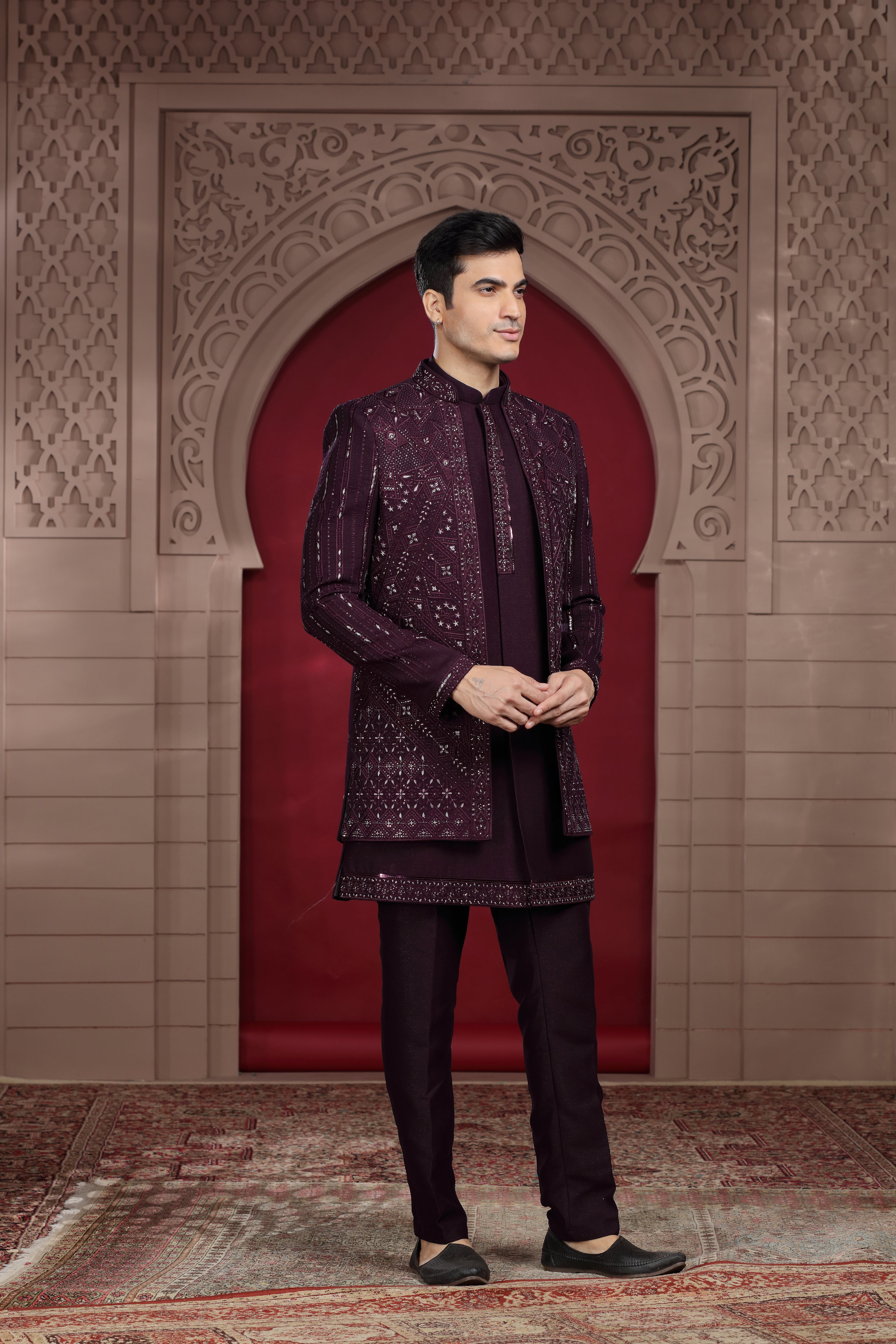 Wine Silk Indo Western with Aari, Bead & Cut Dana Work