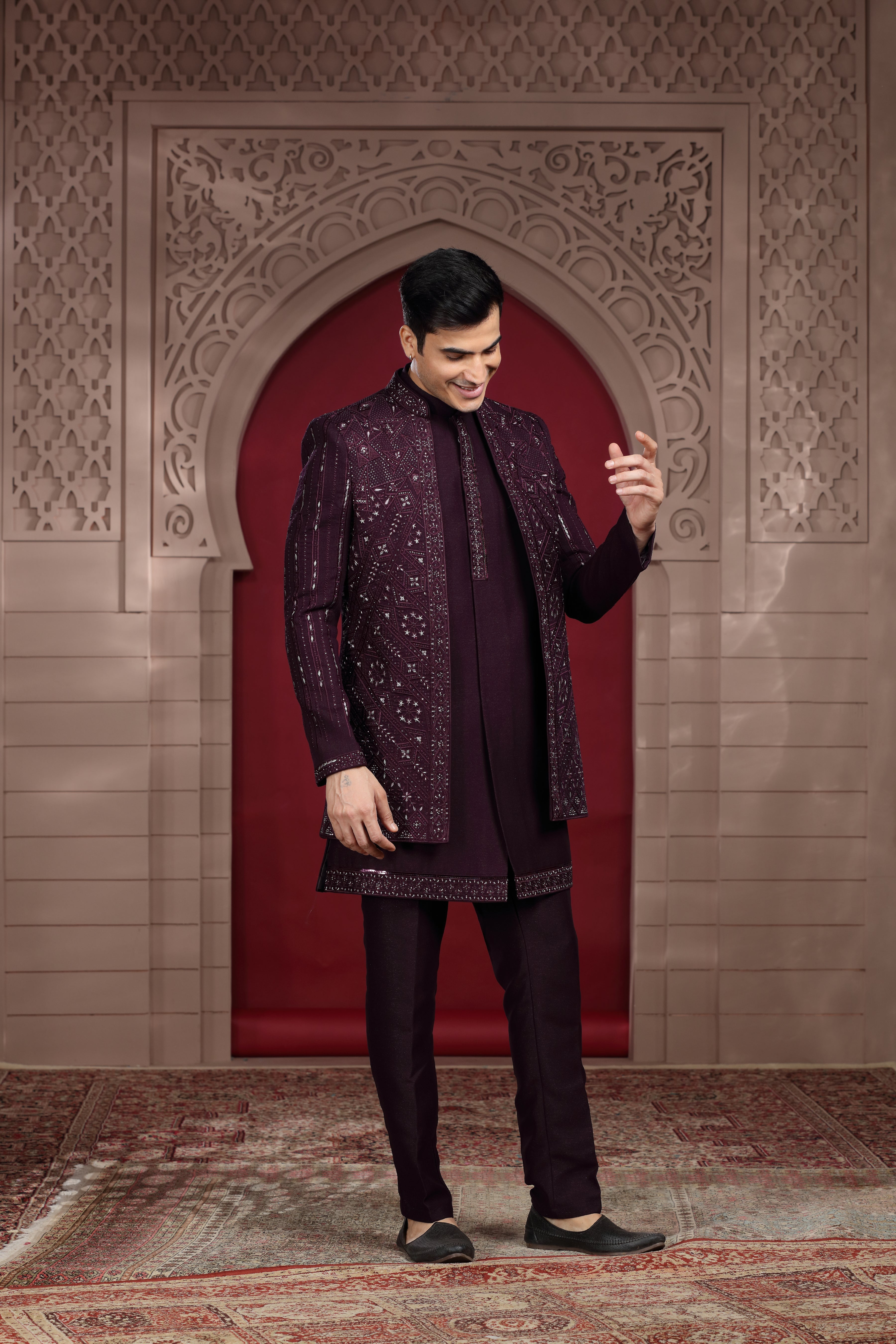 Wine Silk Indo Western with Aari, Bead & Cut Dana Work