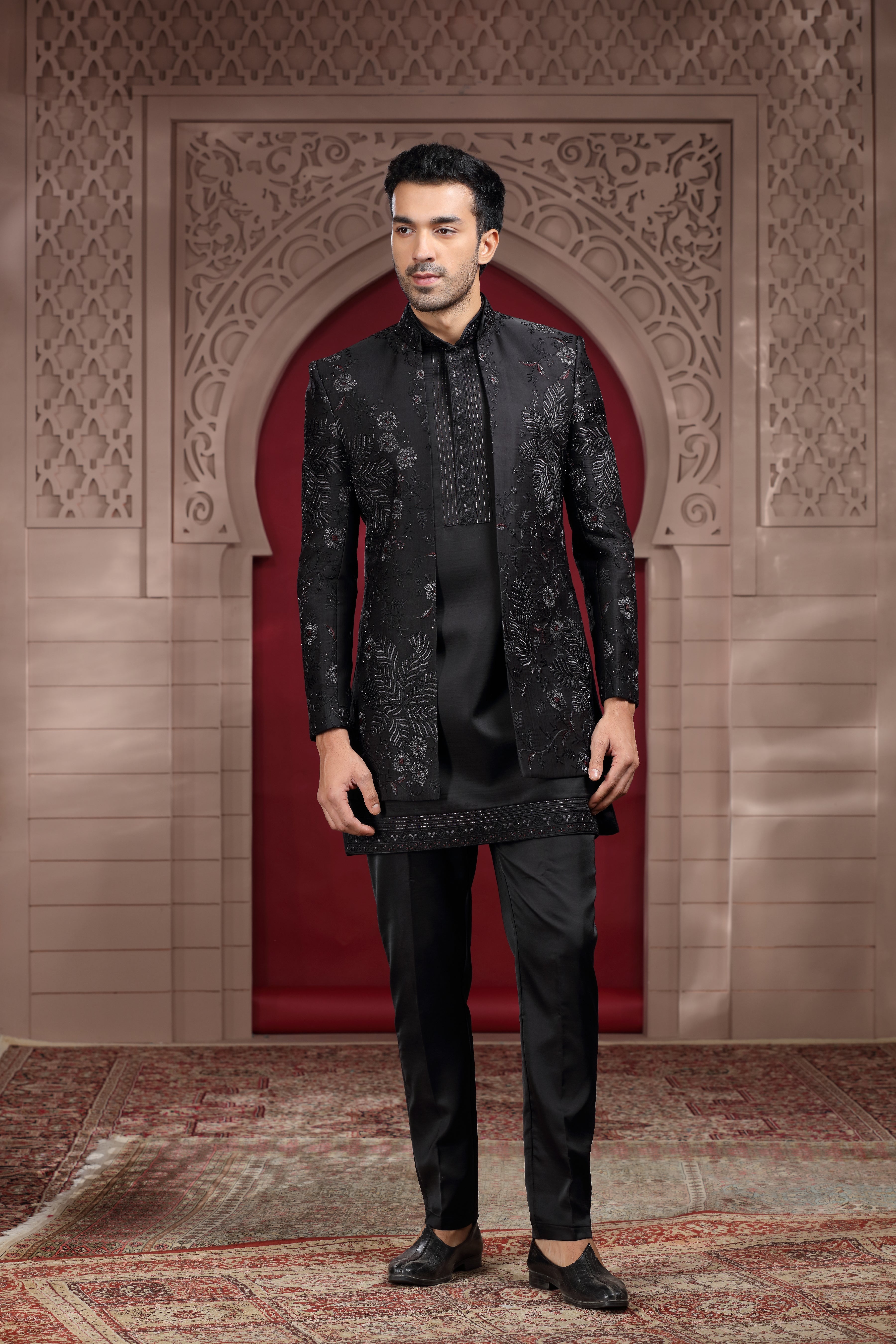 Black Raw Silk Indo Western with Cut Dana, Bead & Sequence Work