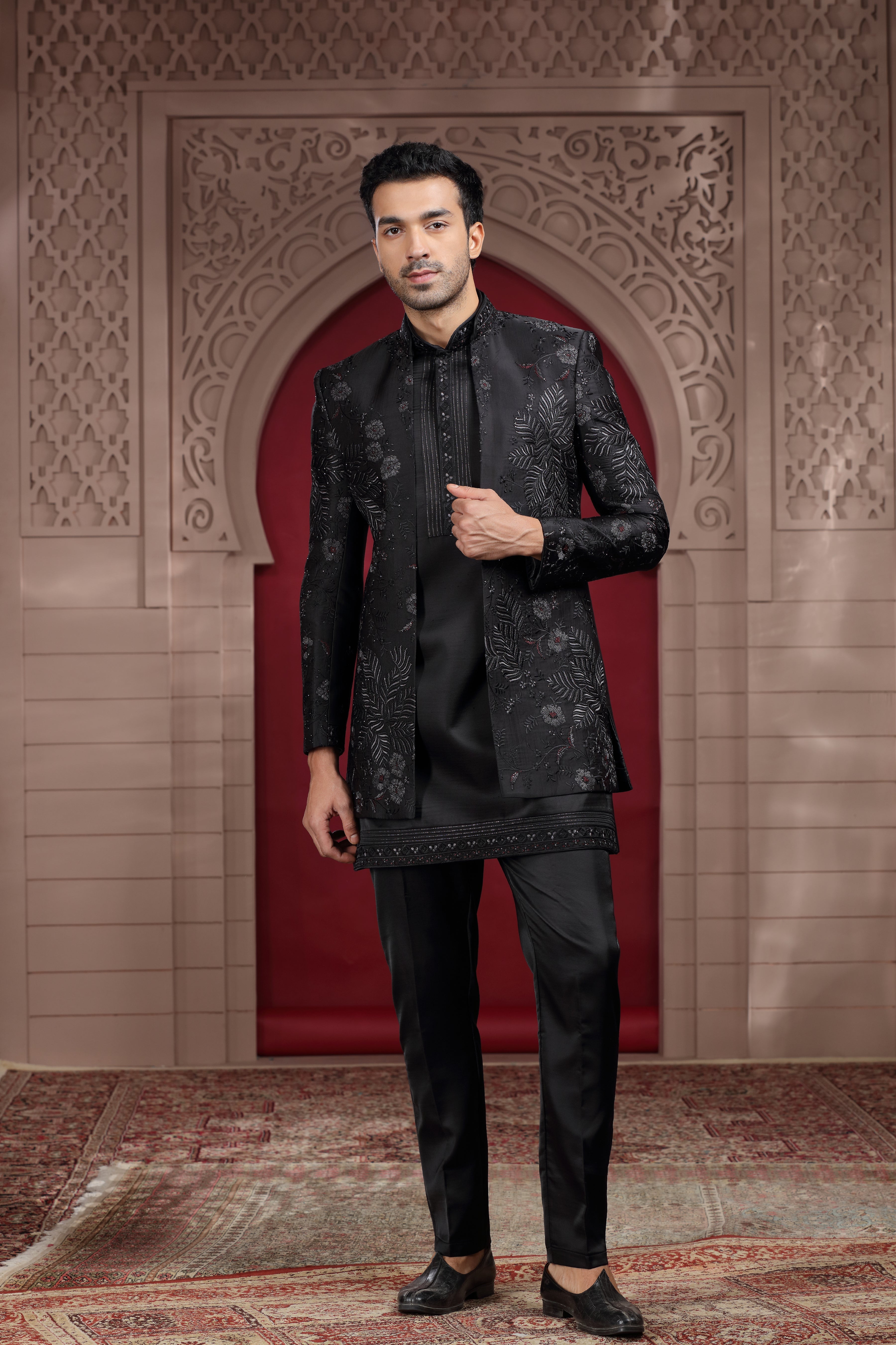 Black Raw Silk Indo Western with Cut Dana, Bead & Sequence Work