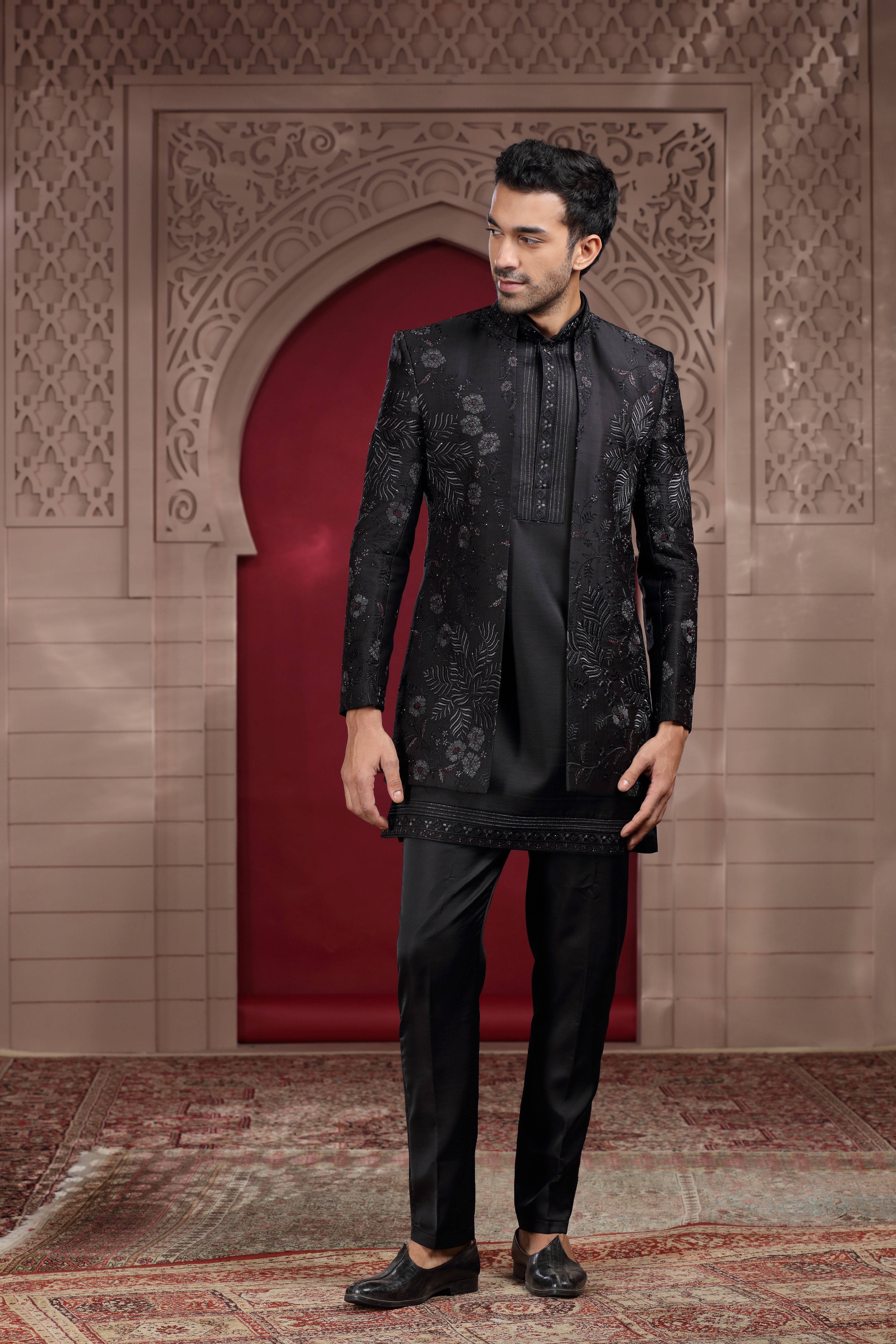 Black Raw Silk Indo Western with Cut Dana, Bead & Sequence Work