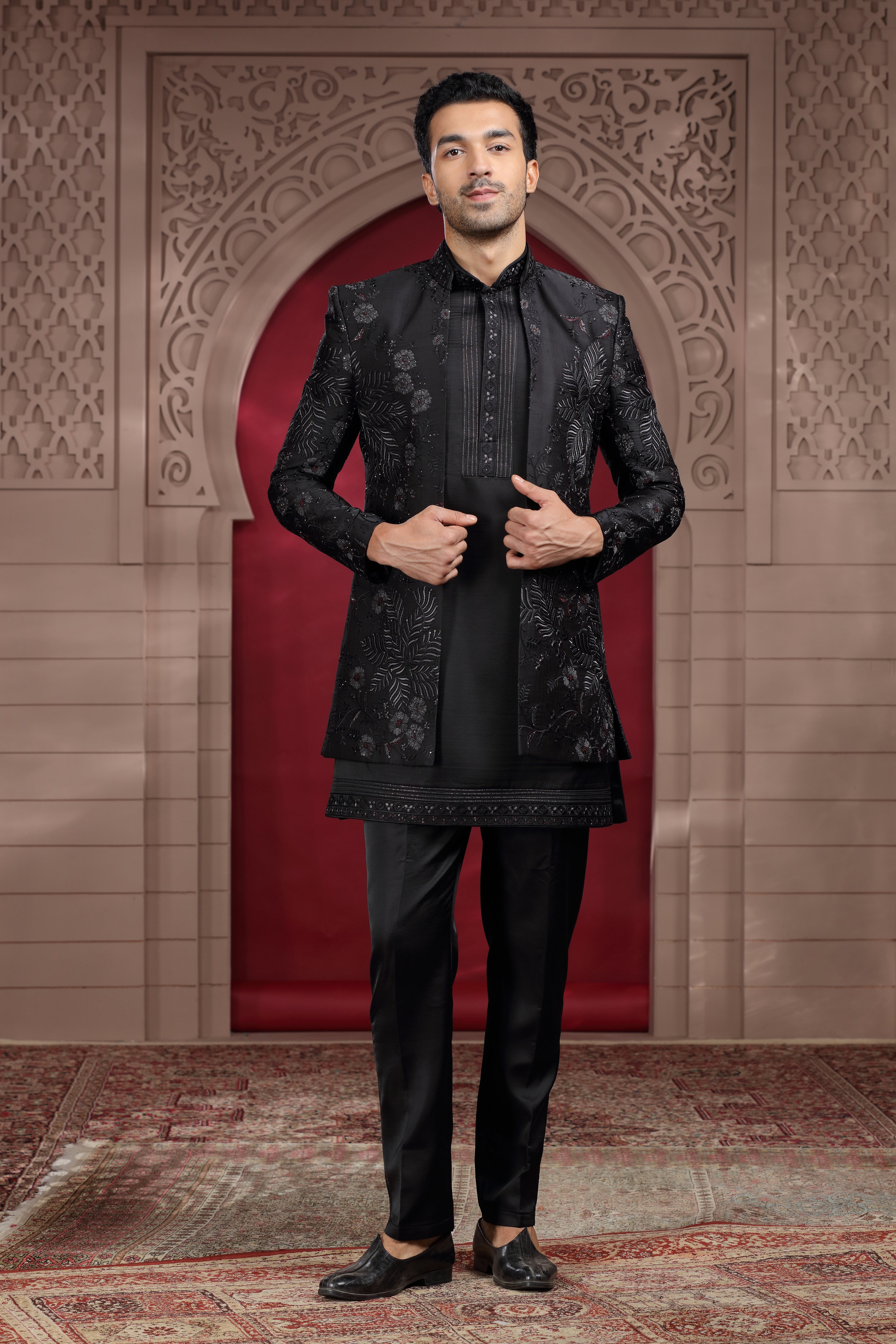 Black Raw Silk Indo Western with Cut Dana, Bead & Sequence Work