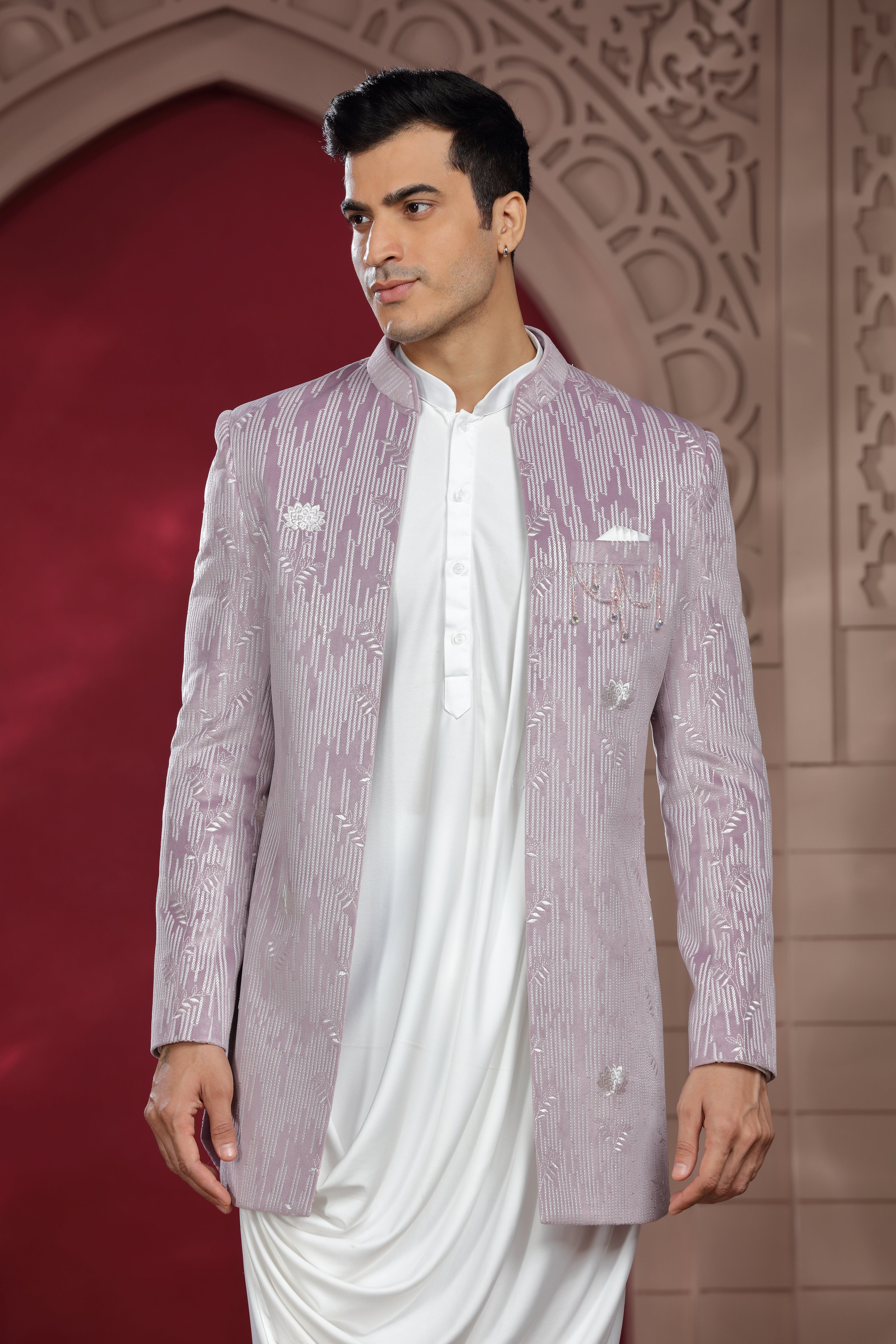 Lilac Silk Indo Western with Silver & Sequence Work