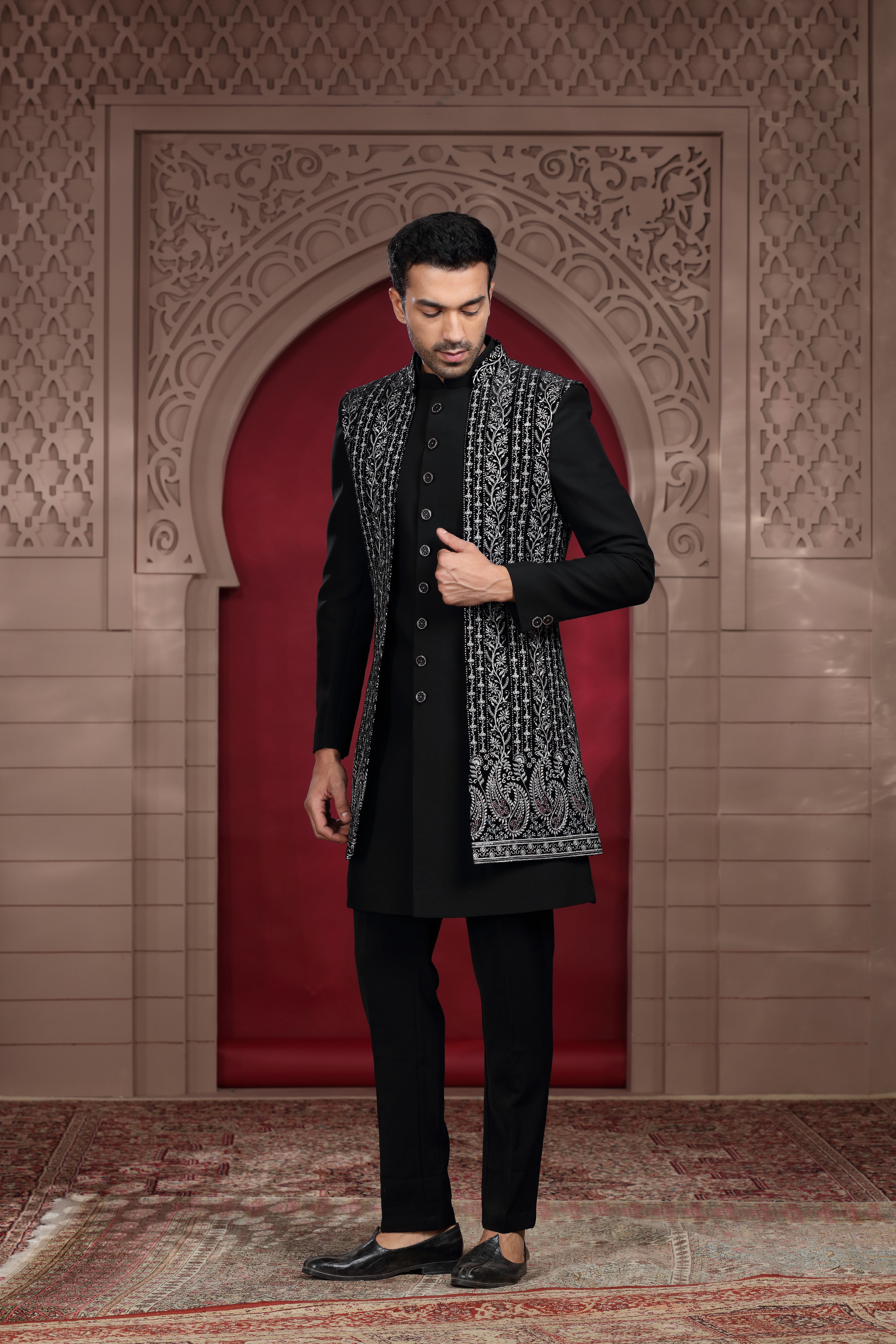 Black Silk Indo Western with Aari, Zardosi & Sequence Work