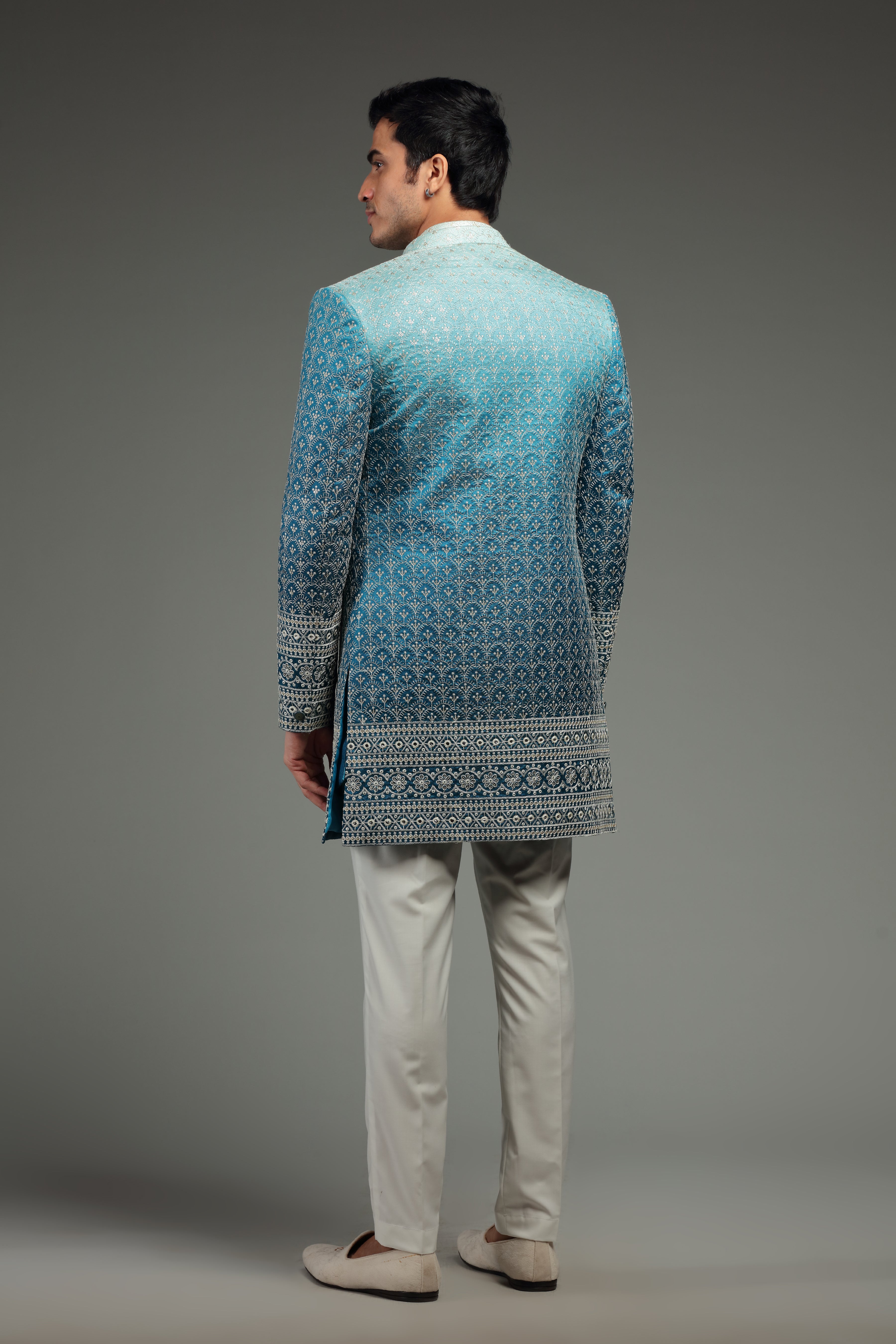 Blue Ombre Open Jacket Kurta Set with All-Over Embroidery - Shreeman