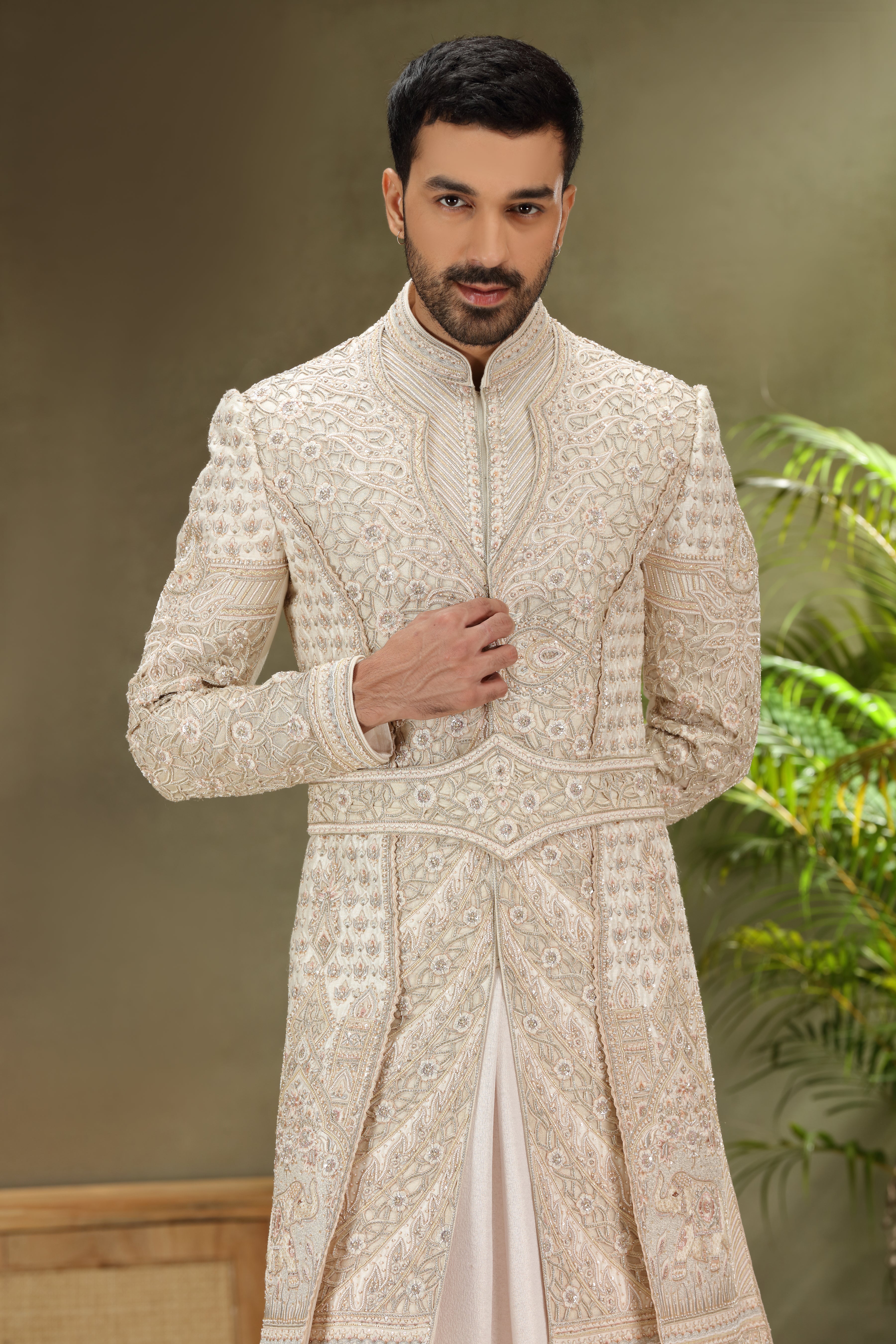 Ivory Silk Sherwani with Resham Zardoshi Aari Work