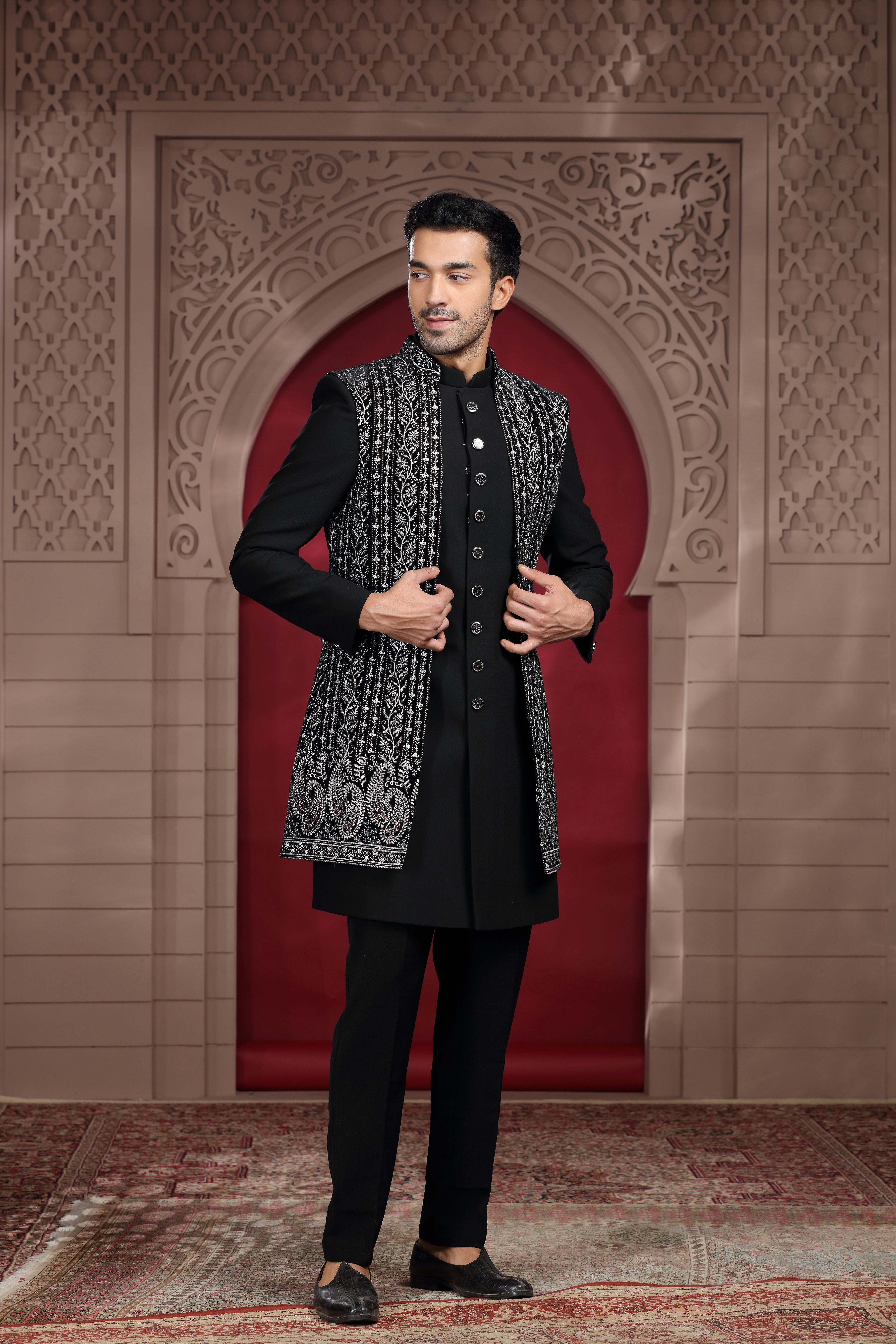 Black Silk Indo Western with Aari, Zardosi & Sequence Work