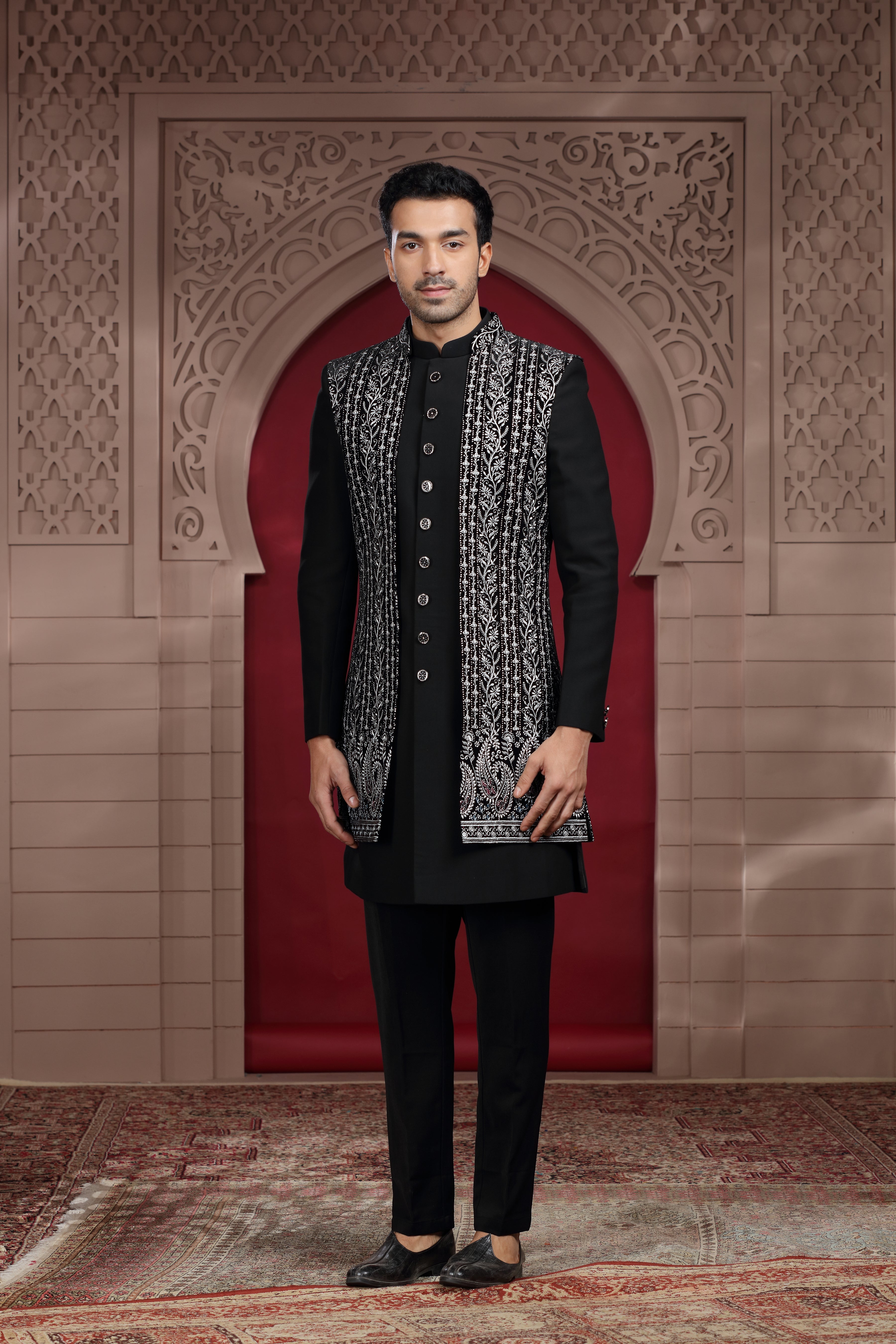 Black Silk Indo Western with Aari, Zardosi & Sequence Work