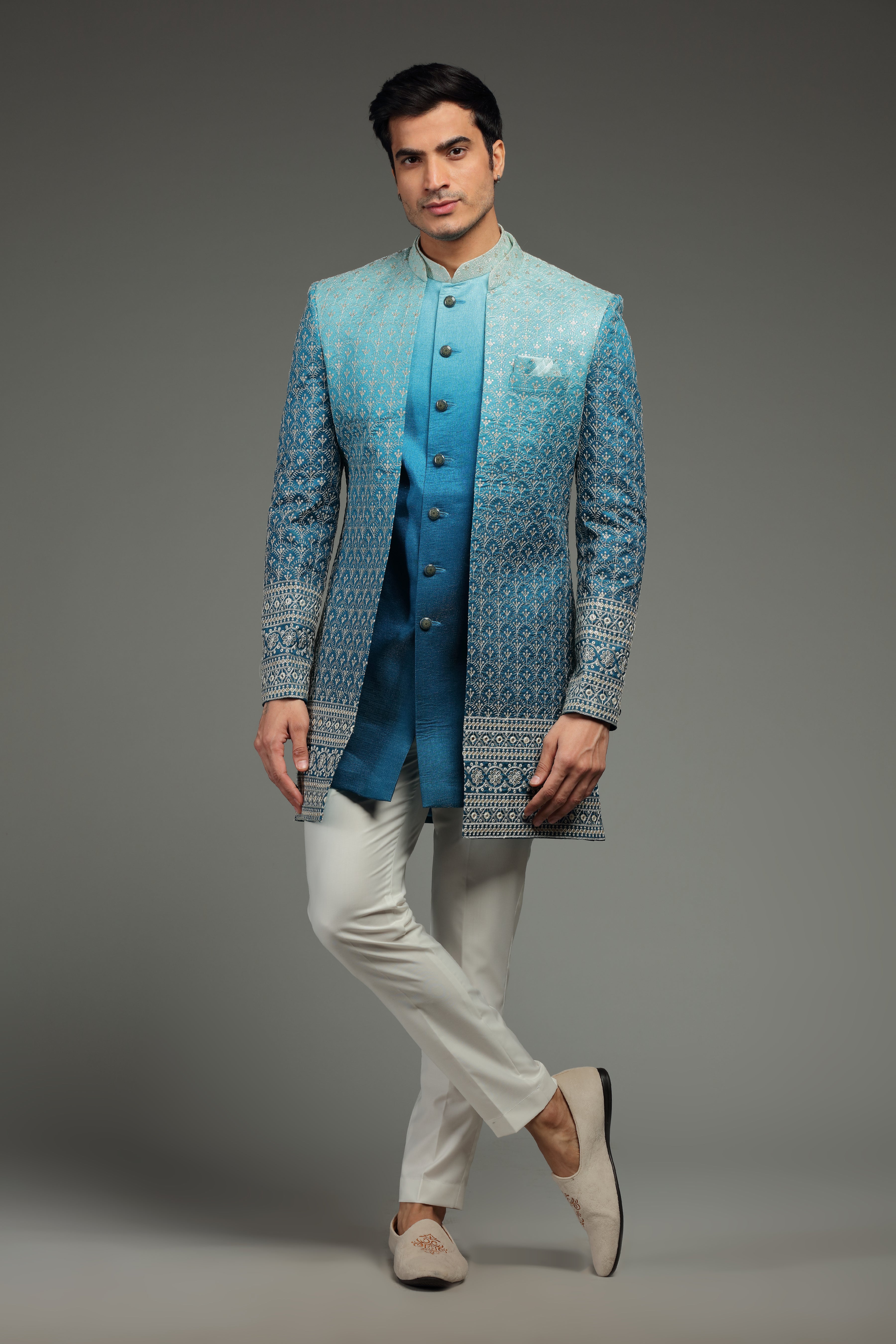 Blue Ombre Open Jacket Kurta Set with All-Over Embroidery - Shreeman
